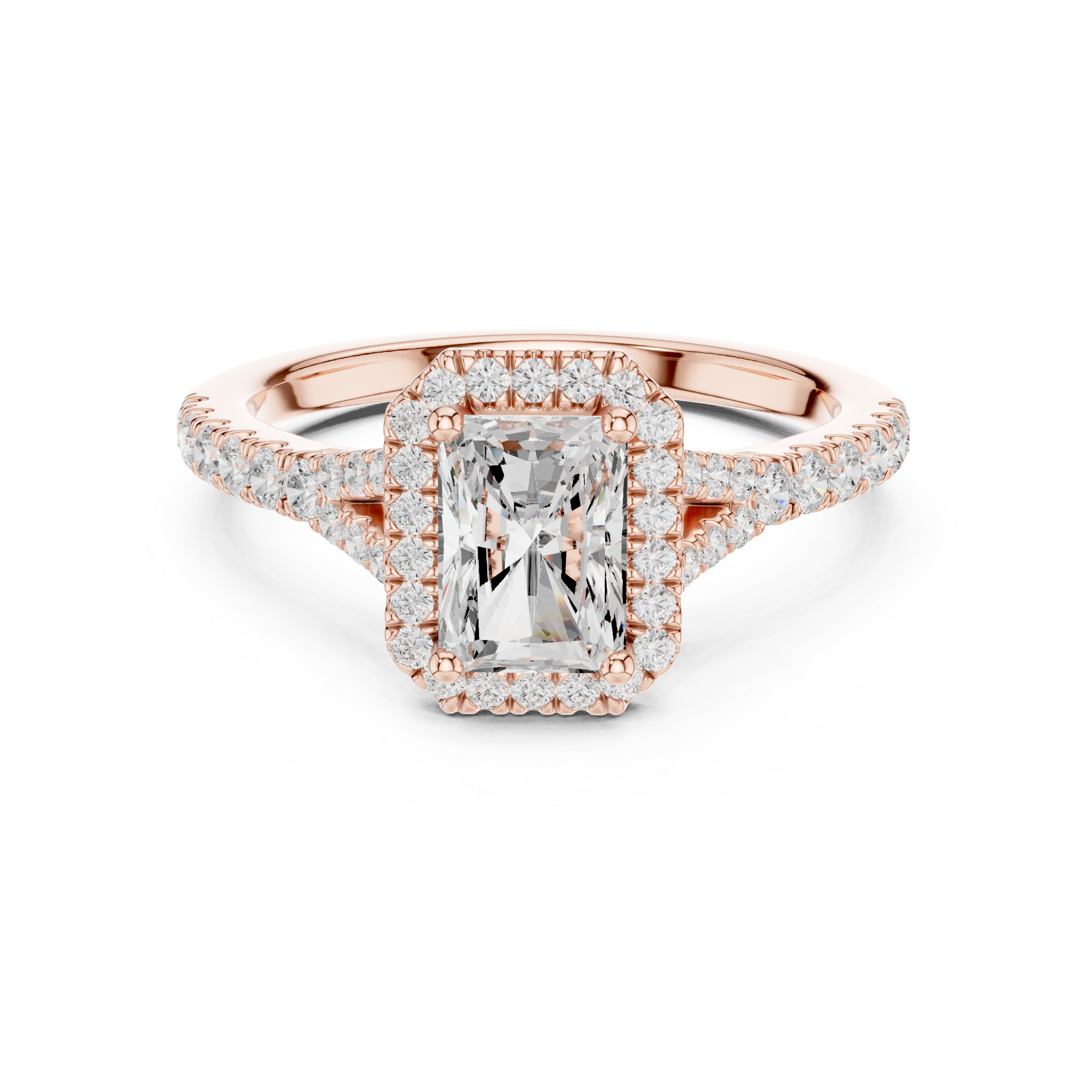 Radiant Cut Halo Engagement Ring with Pavé Split Shank Diamond Band