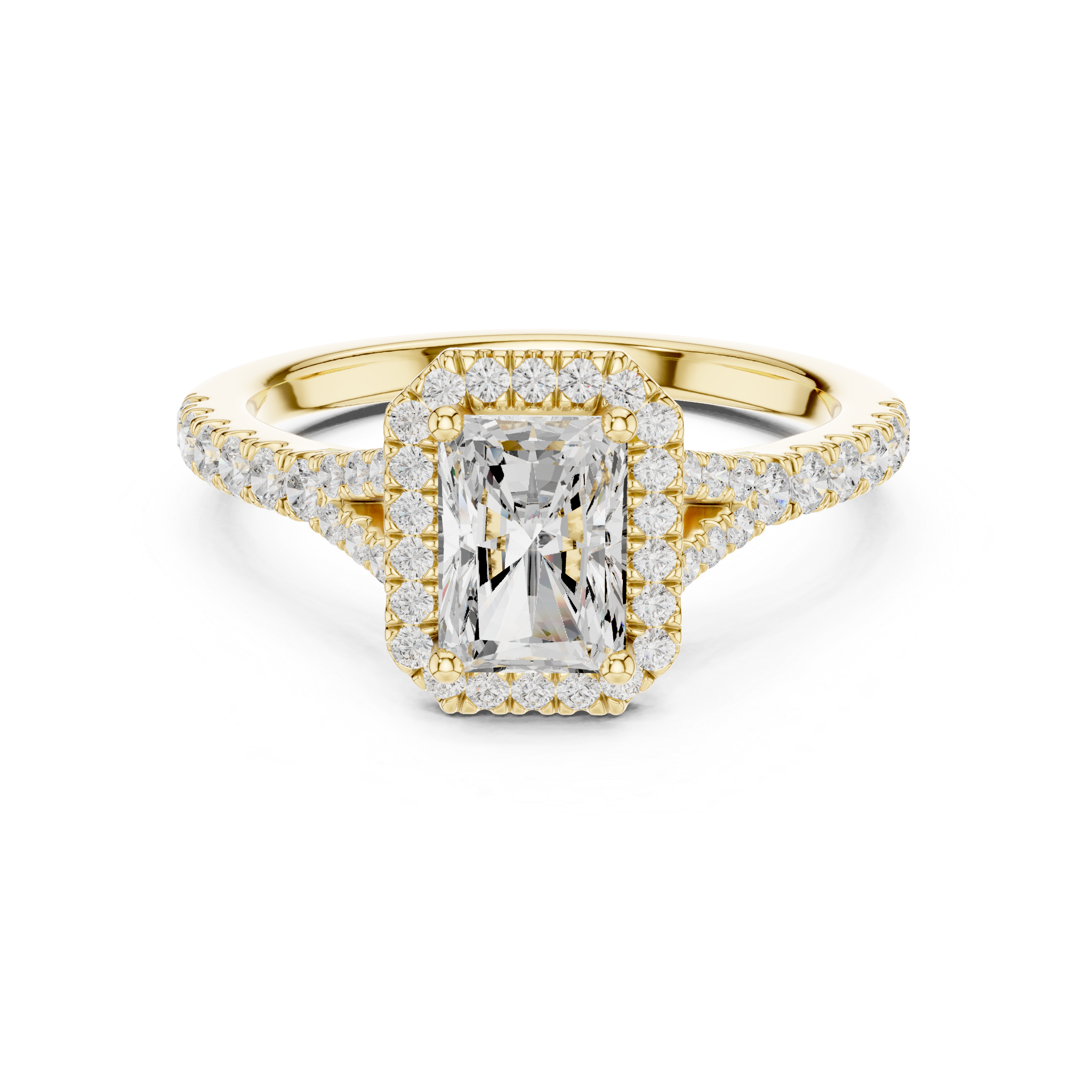 Radiant Cut Halo Engagement Ring with Pavé Split Shank Diamond Band
