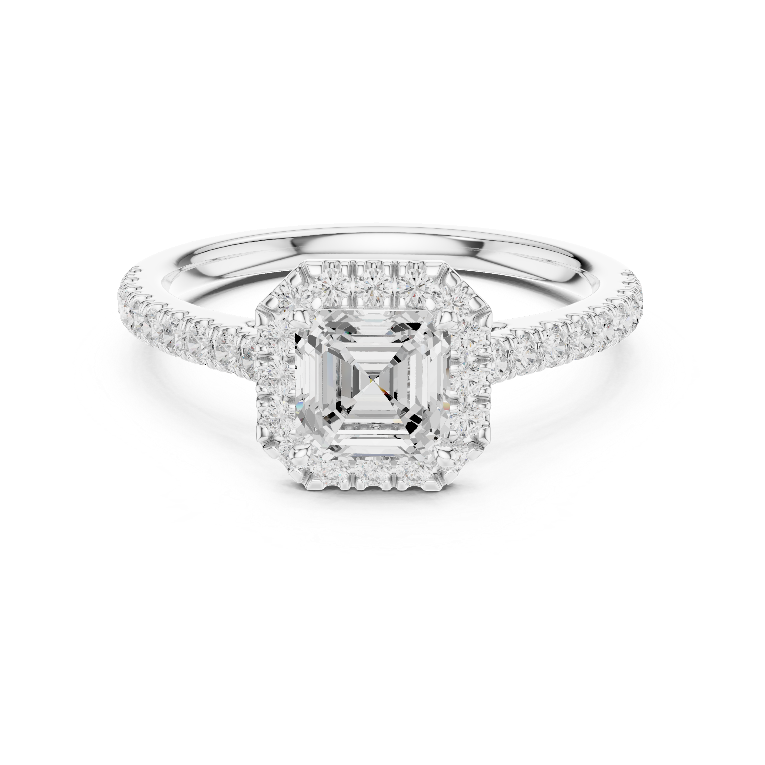 Emerald Cut Halo Engagement Ring with Pavé Diamond Band