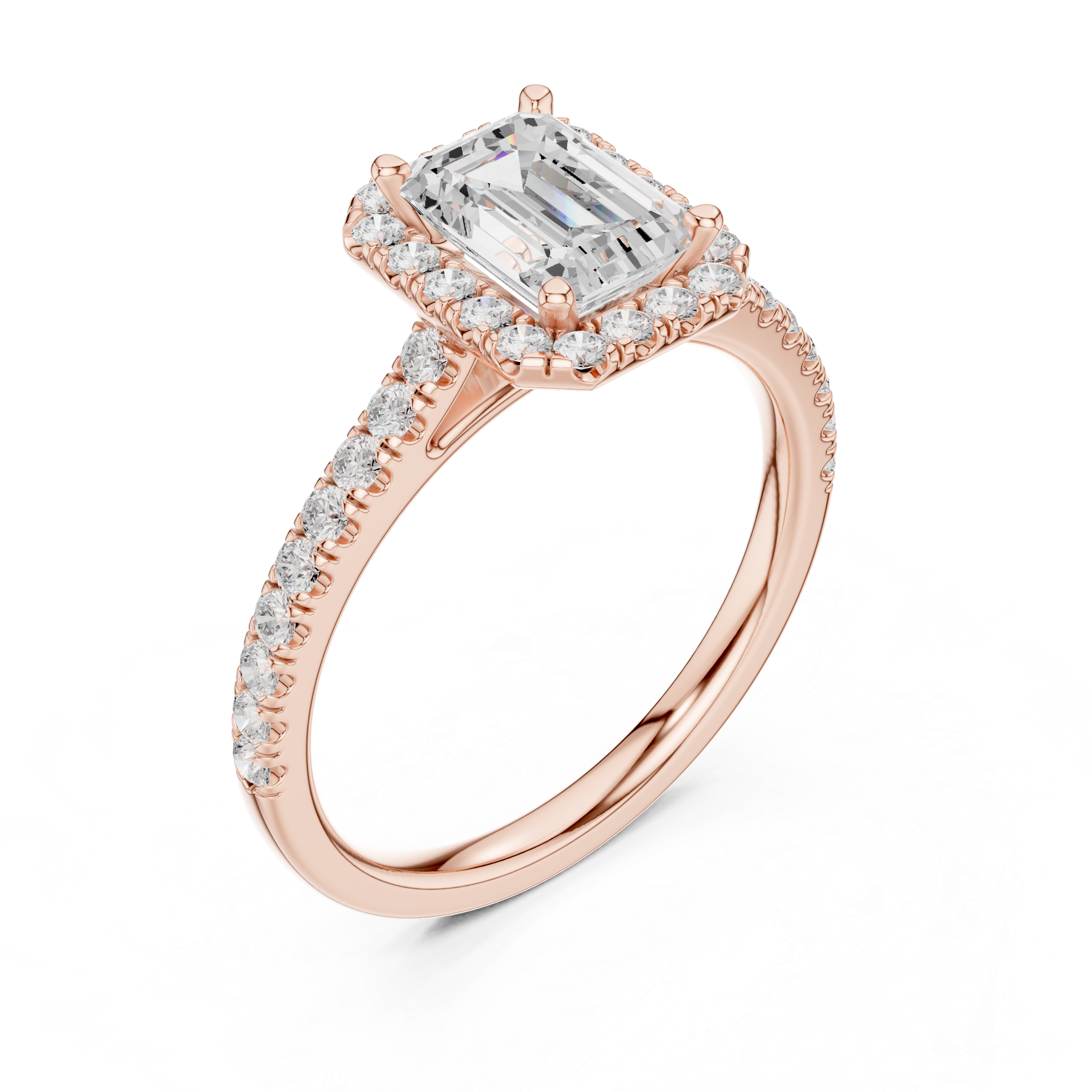 Emerald Cut Halo Engagement Ring with Pavé Diamond Band
