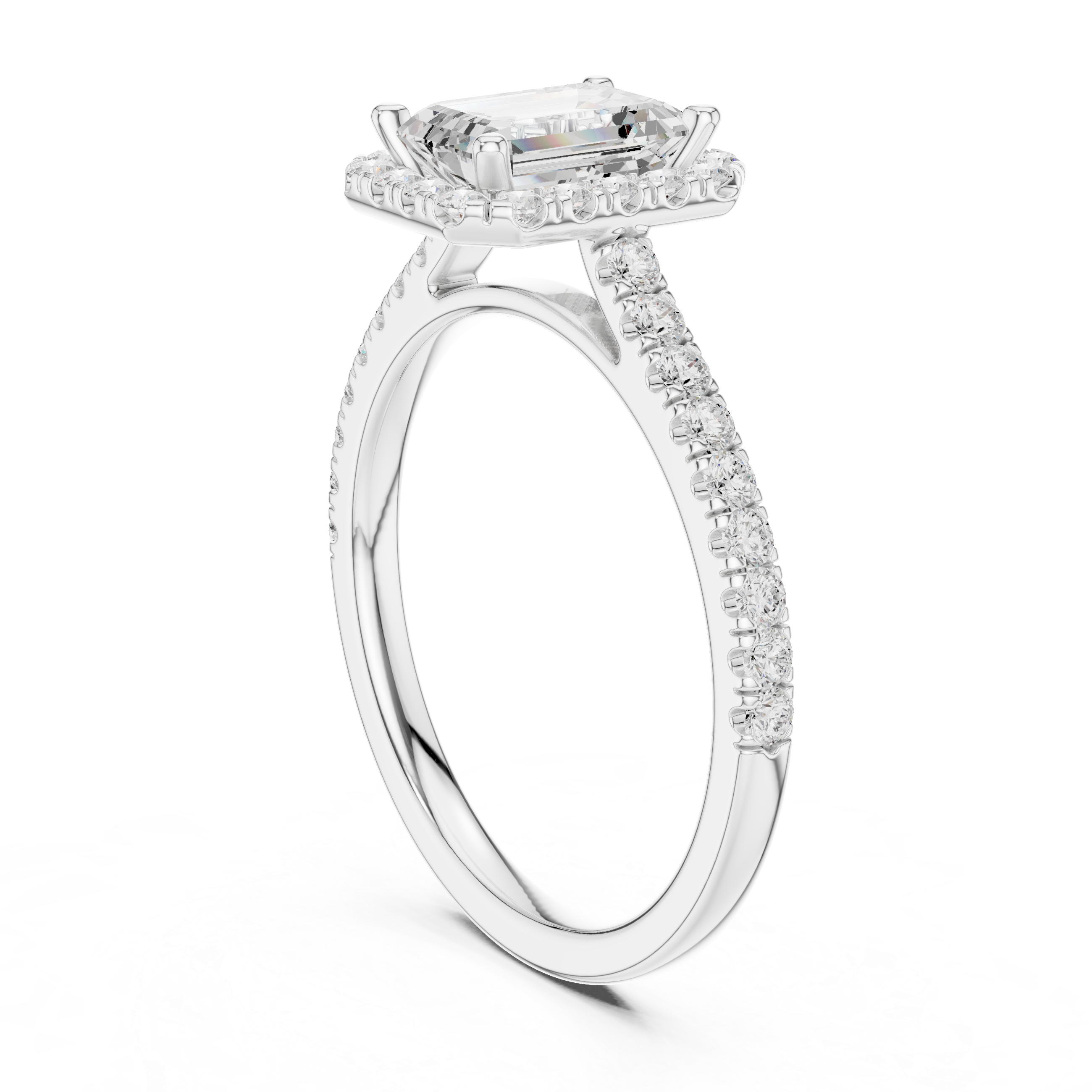 Emerald Cut Halo Engagement Ring with Pavé Diamond Band
