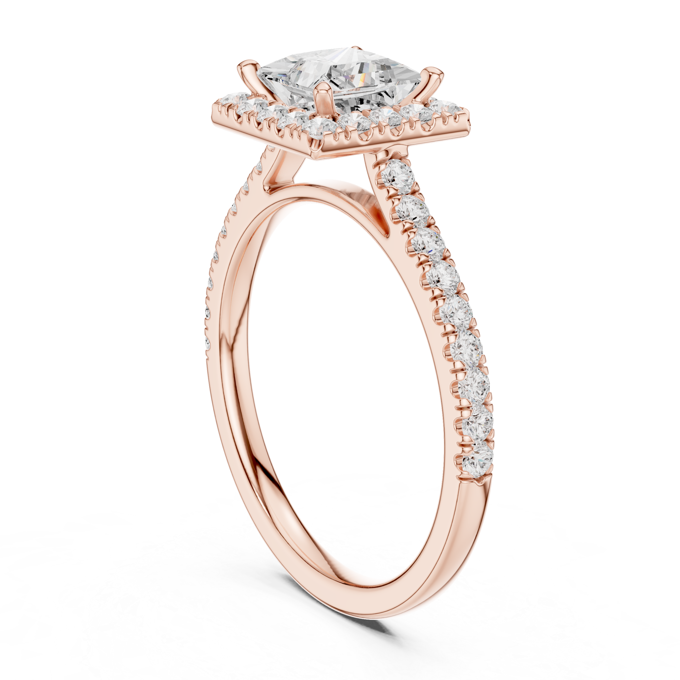 Princess Cut Halo Engagement Ring with Pavé Diamond Band