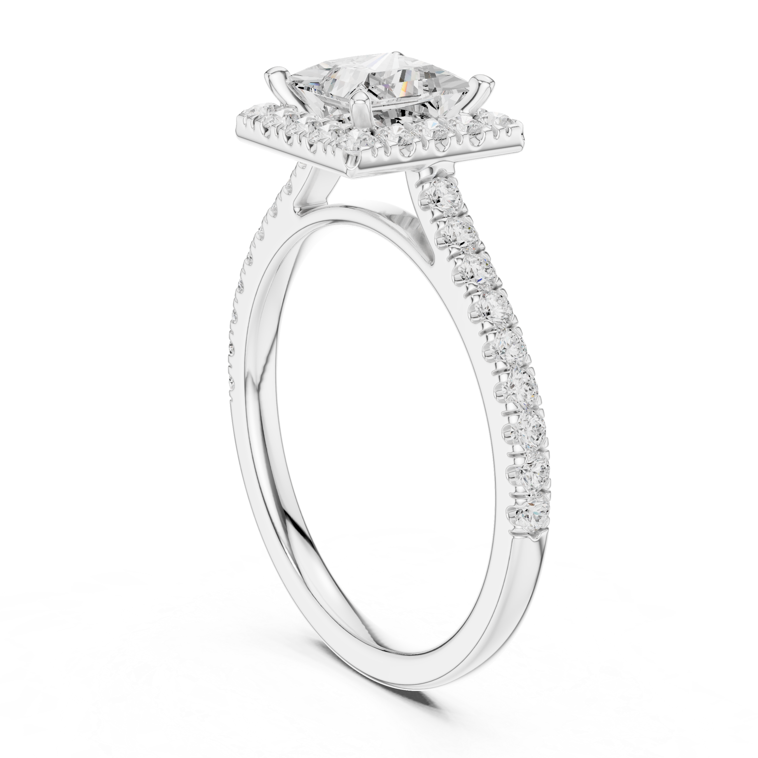 Princess Cut Halo Engagement Ring with Pavé Diamond Band