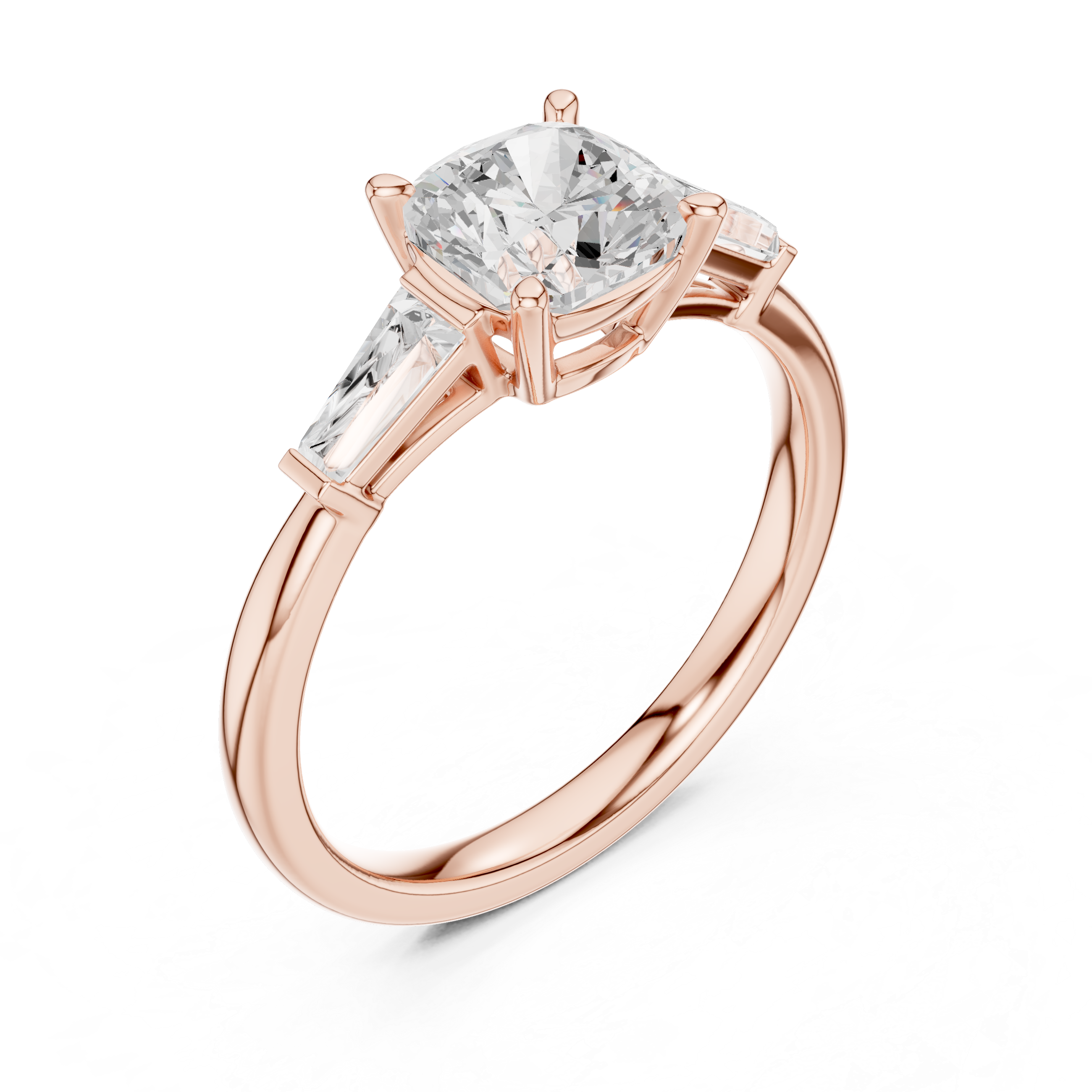 Cushion Cut Three Stone Engagement Ring with Tapered Baguette Side Diamonds