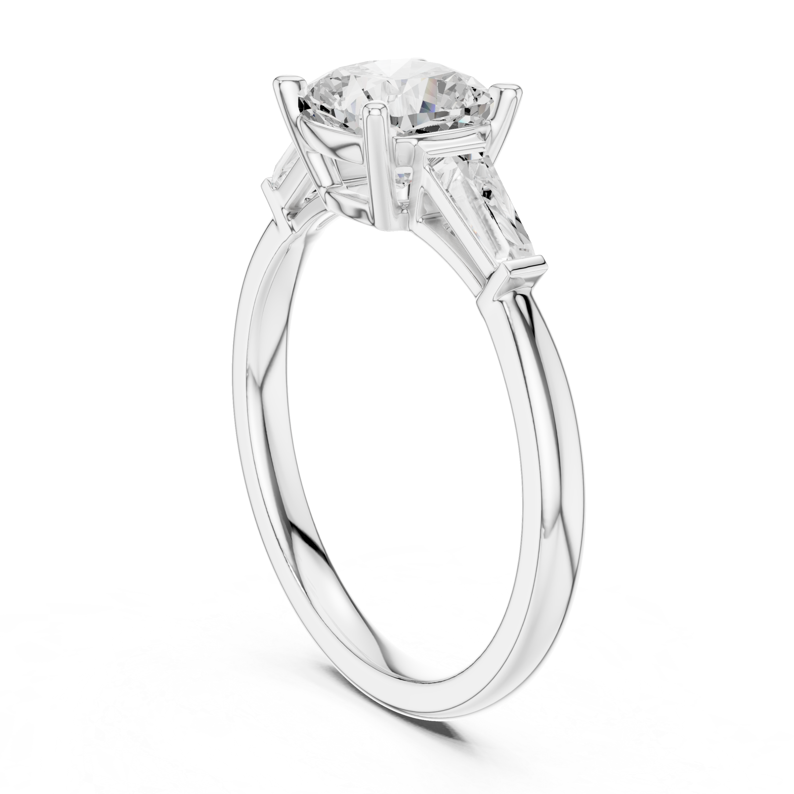 Cushion Cut Three Stone Engagement Ring with Tapered Baguette Side Diamonds