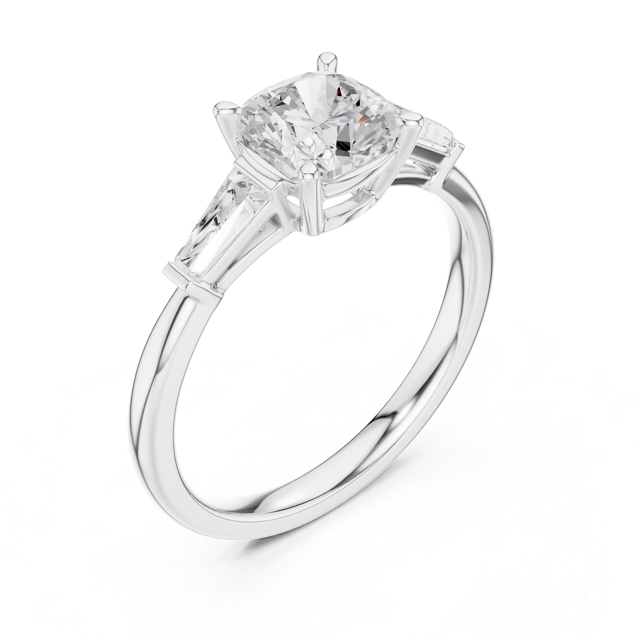 Cushion Cut Three Stone Engagement Ring with Tapered Baguette Side Diamonds