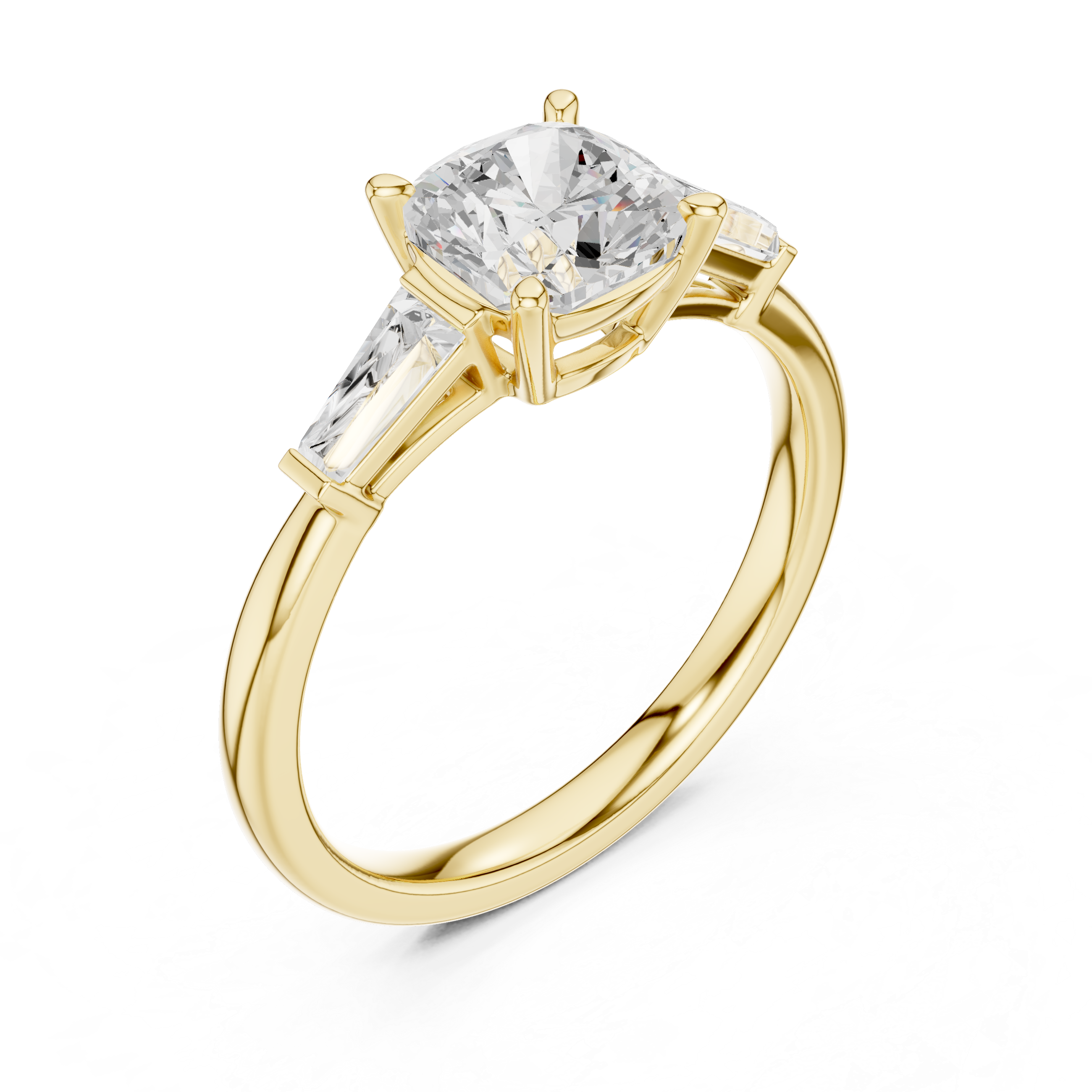 Cushion Cut Three Stone Engagement Ring with Tapered Baguette Side Diamonds