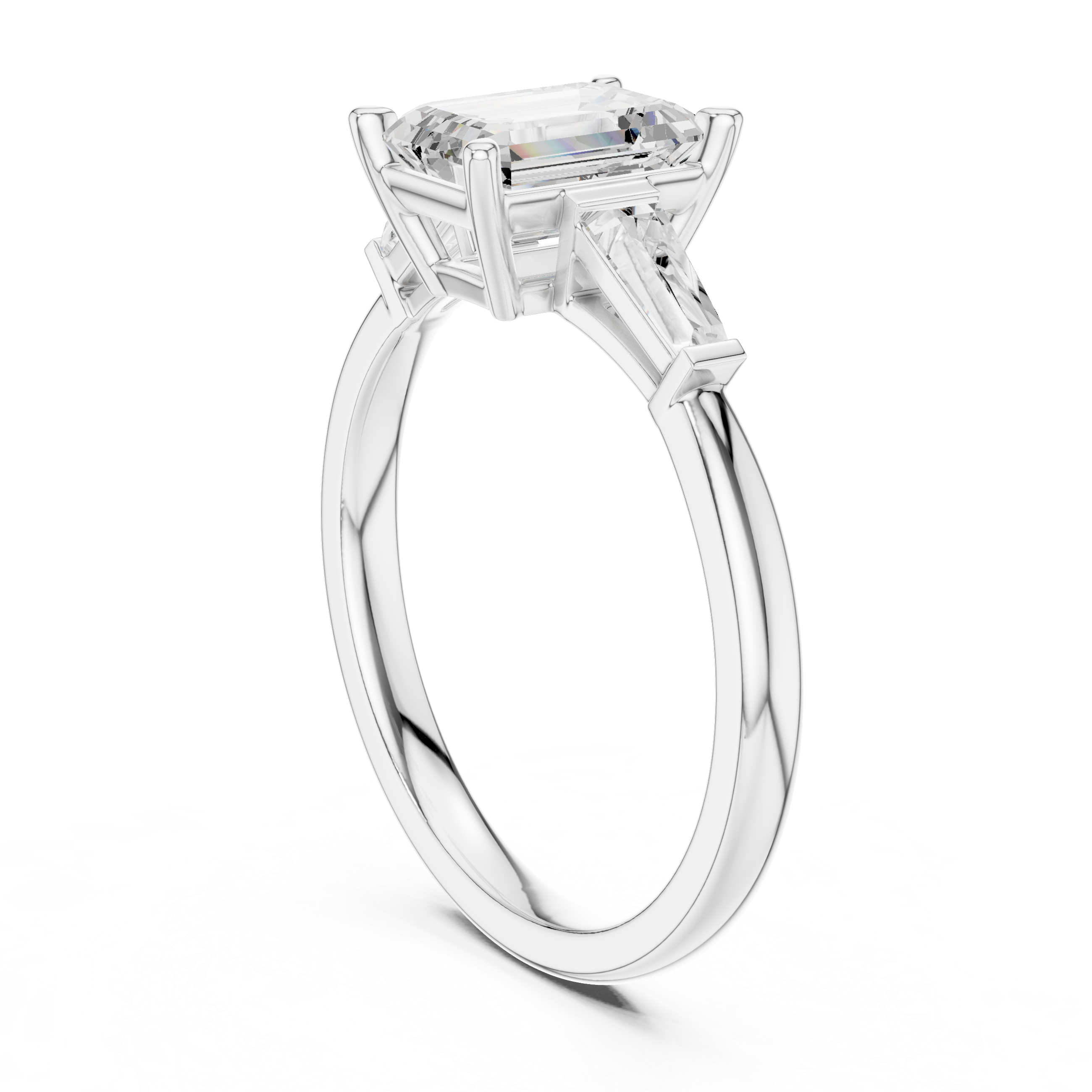 Emerald Cut Three Stone Engagement Ring with Tapered Baguette Side Diamonds