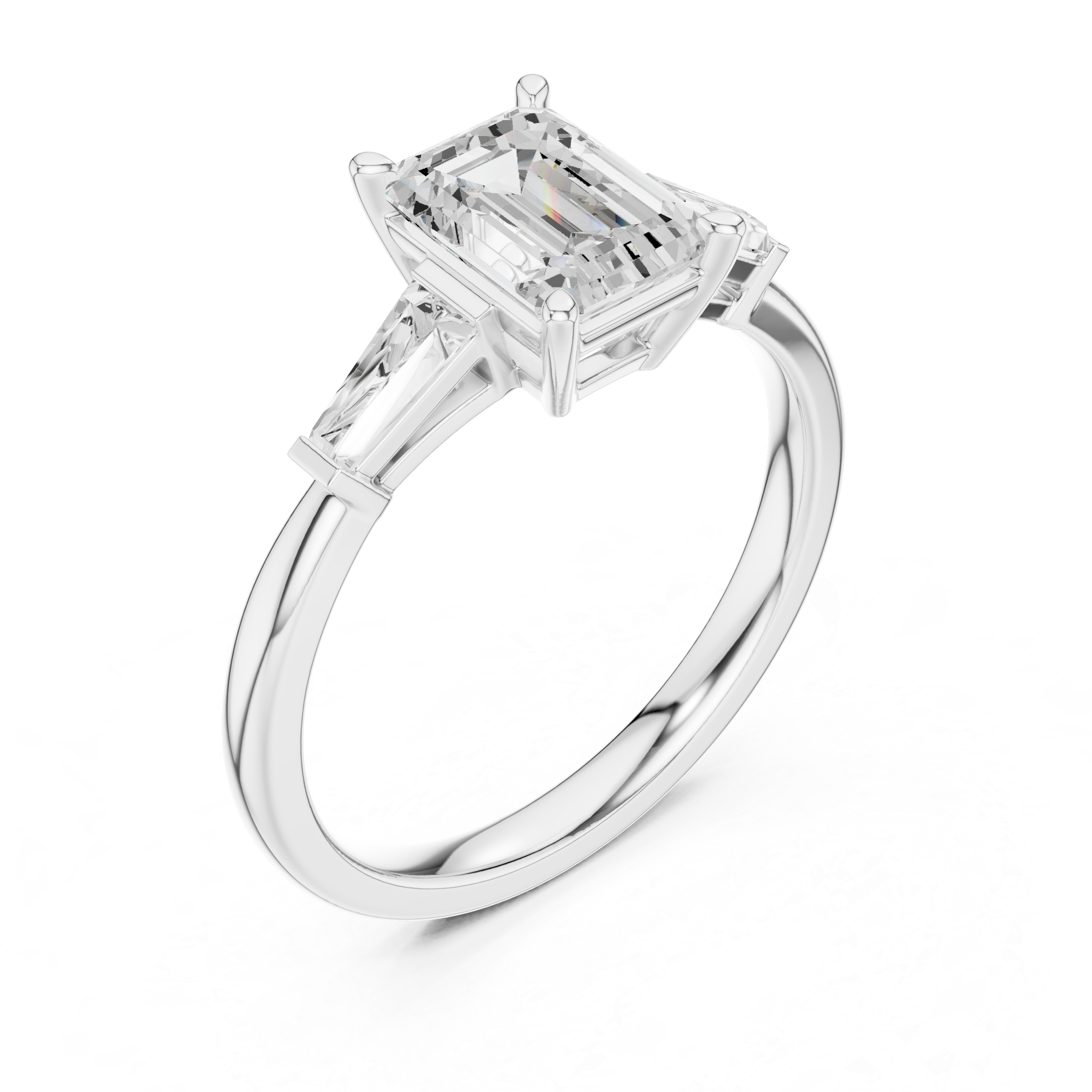 Emerald Cut Three Stone Engagement Ring with Tapered Baguette Side Diamonds