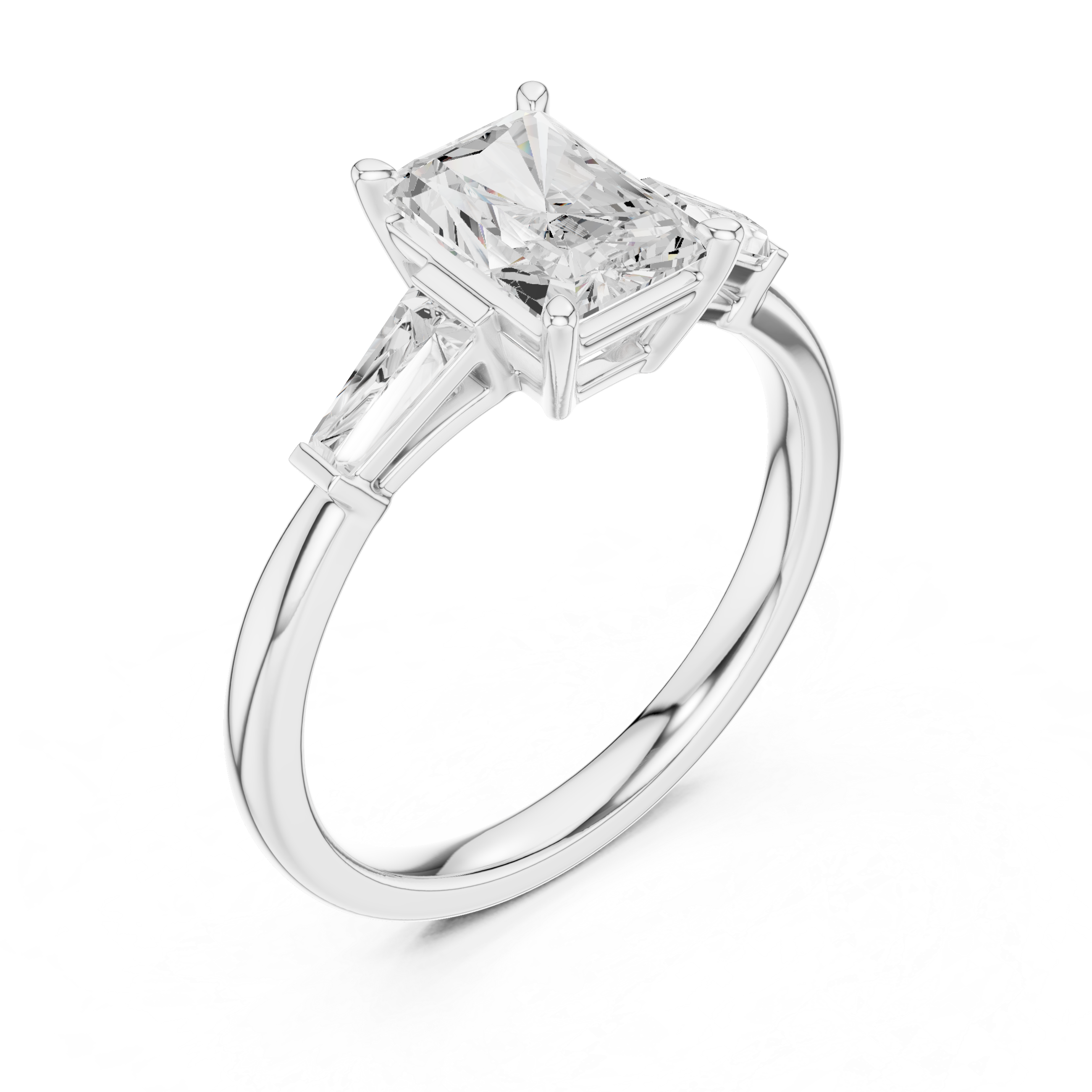 Radiant Cut Three Stone Engagement Ring with Tapered Baguette Side Diamonds