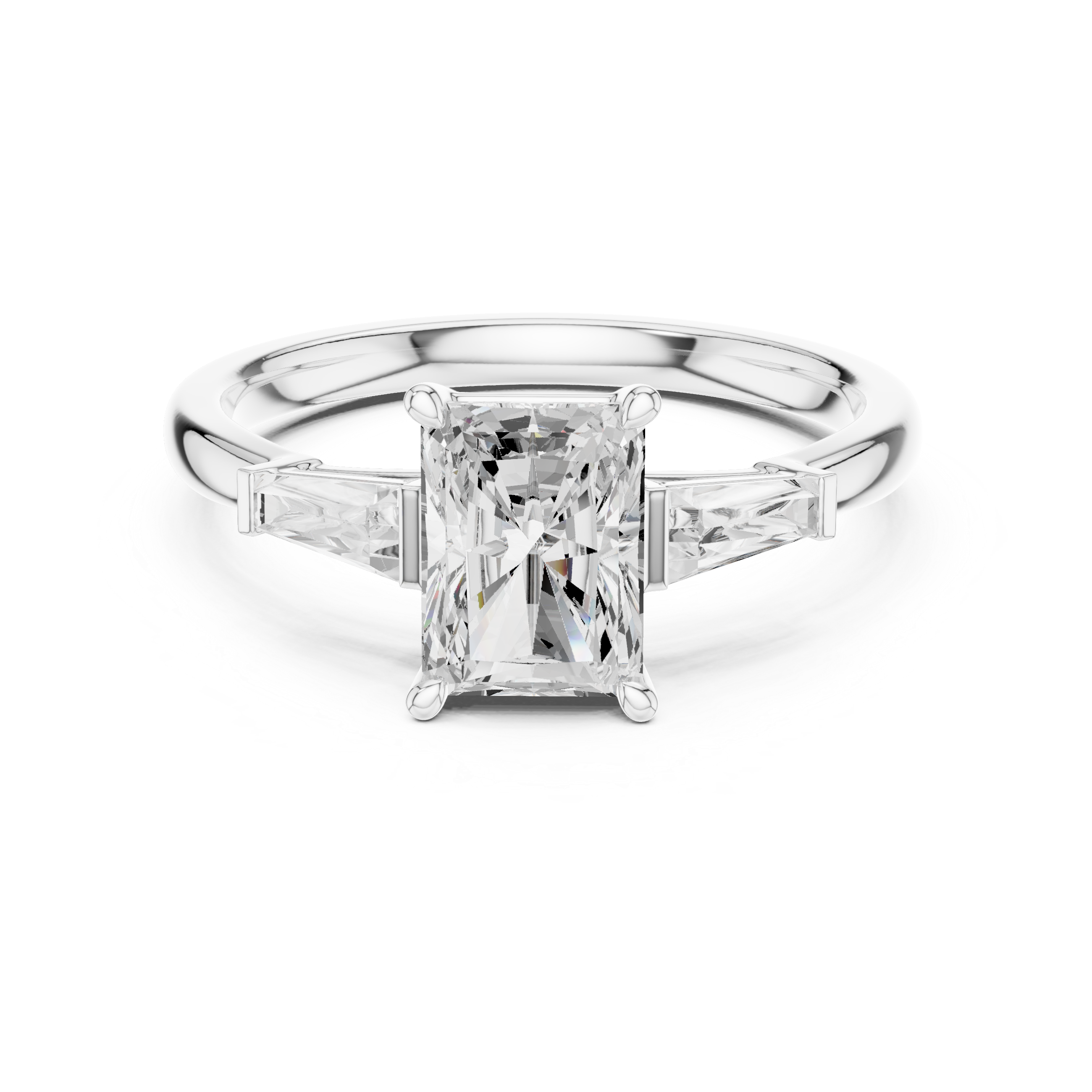 Radiant Cut Three Stone Engagement Ring with Tapered Baguette Side Diamonds