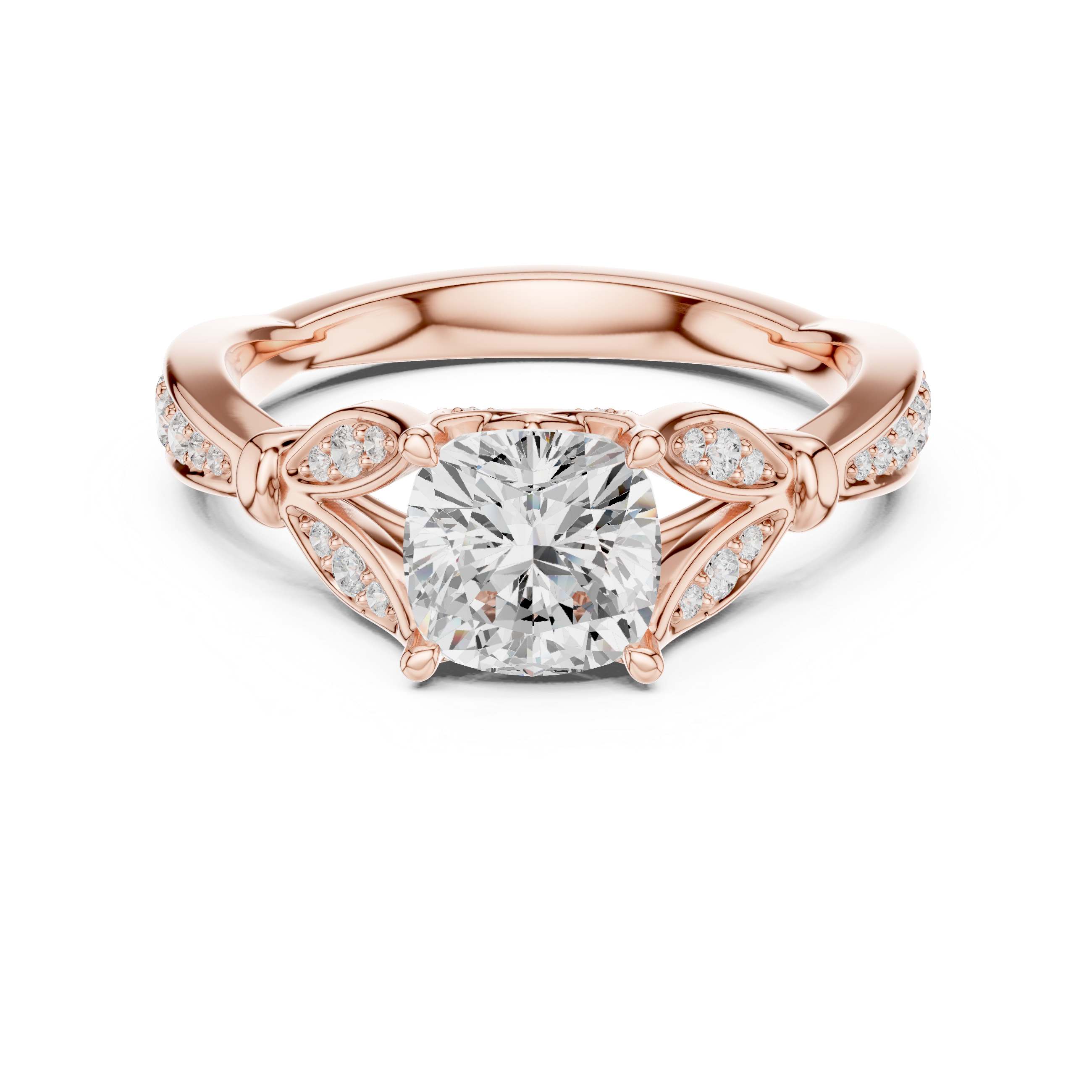 Cushion Cut Diamond Engagement Ring with Vintage Leaf-Inspired Pavé Setting