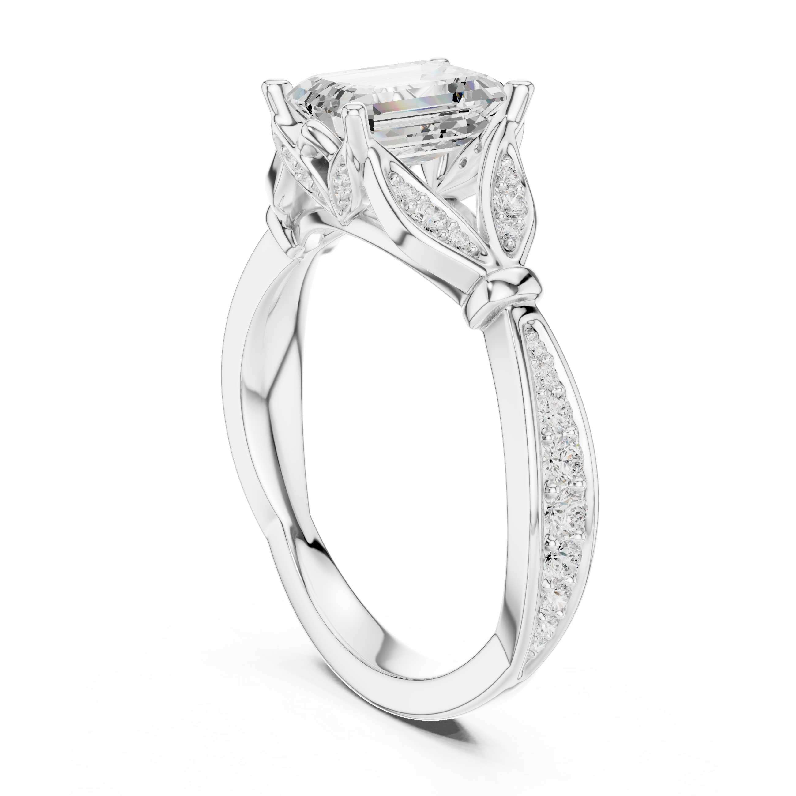 Emerald Cut Diamond Engagement Ring with Vintage Leaf-Inspired Pavé Setting