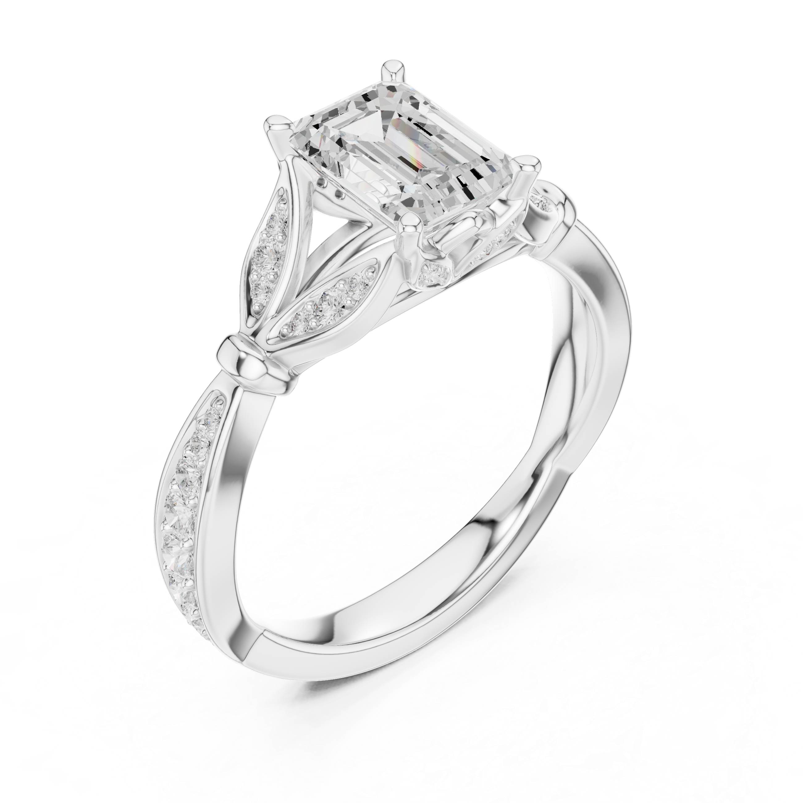 Emerald Cut Diamond Engagement Ring with Vintage Leaf-Inspired Pavé Setting