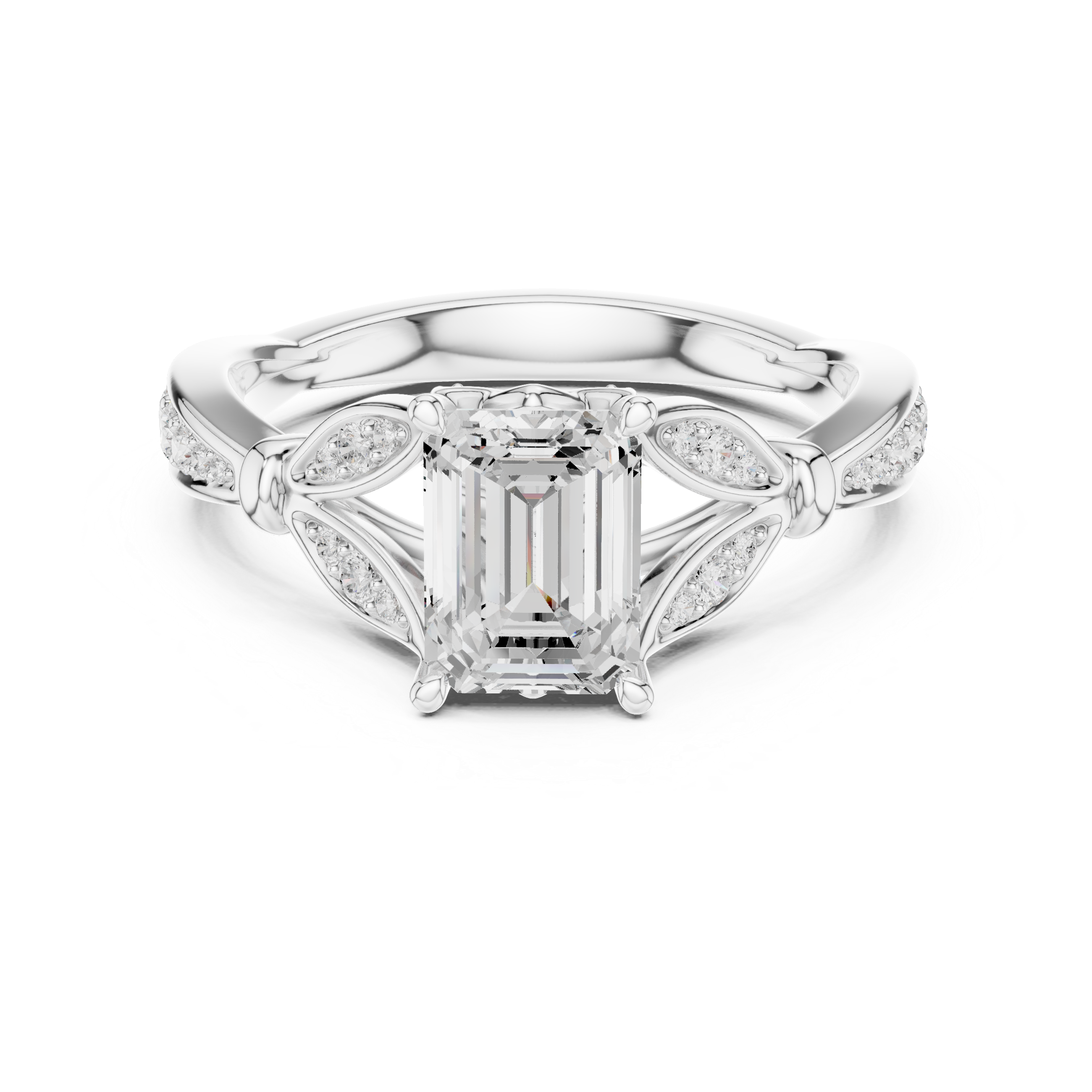 Emerald Cut Diamond Engagement Ring with Vintage Leaf-Inspired Pavé Setting