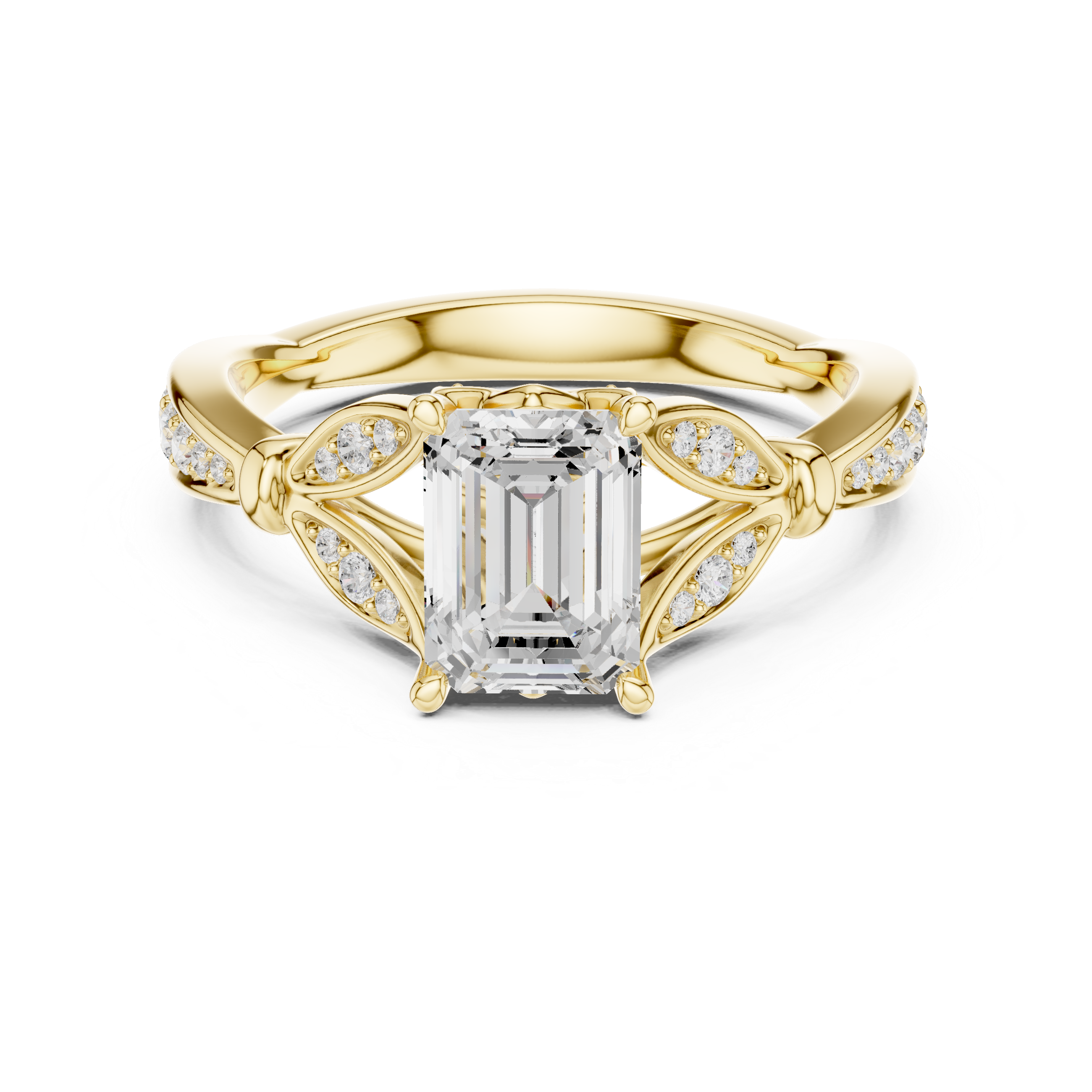 Emerald Cut Diamond Engagement Ring with Vintage Leaf-Inspired Pavé Setting