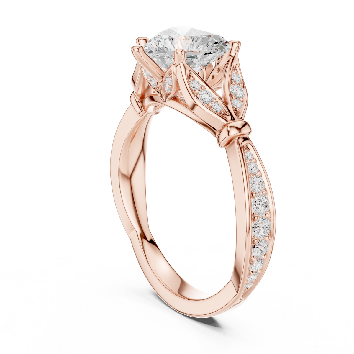 Heart Cut Diamond Engagement Ring with Vintage Leaf-Inspired Pavé Band