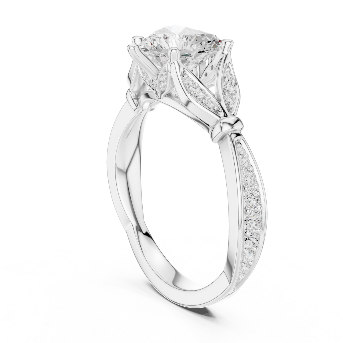 Heart Cut Diamond Engagement Ring with Vintage Leaf-Inspired Pavé Band