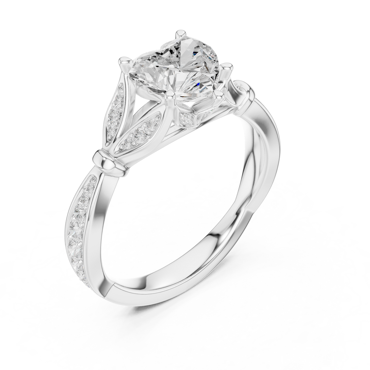 Heart Cut Diamond Engagement Ring with Vintage Leaf-Inspired Pavé Band
