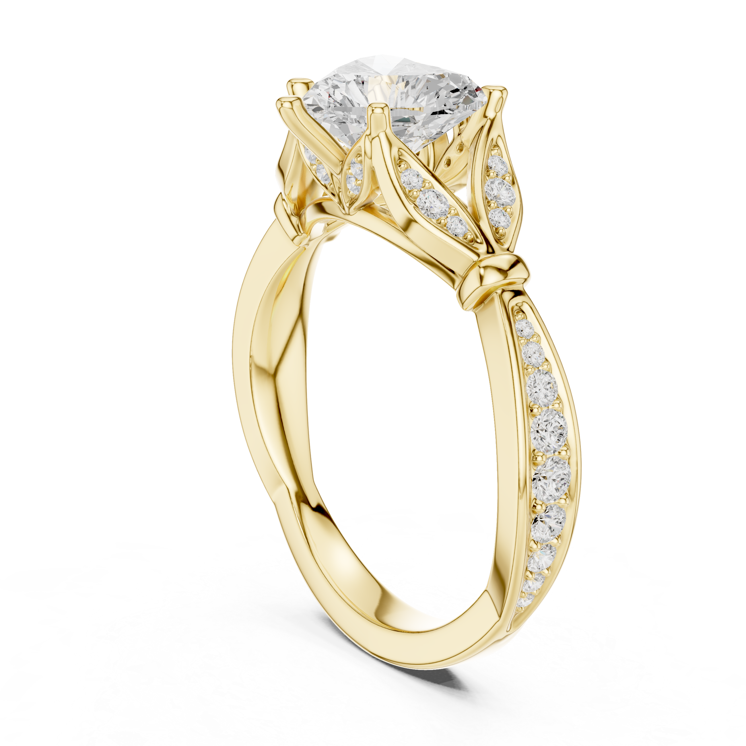 Heart Cut Diamond Engagement Ring with Vintage Leaf-Inspired Pavé Band