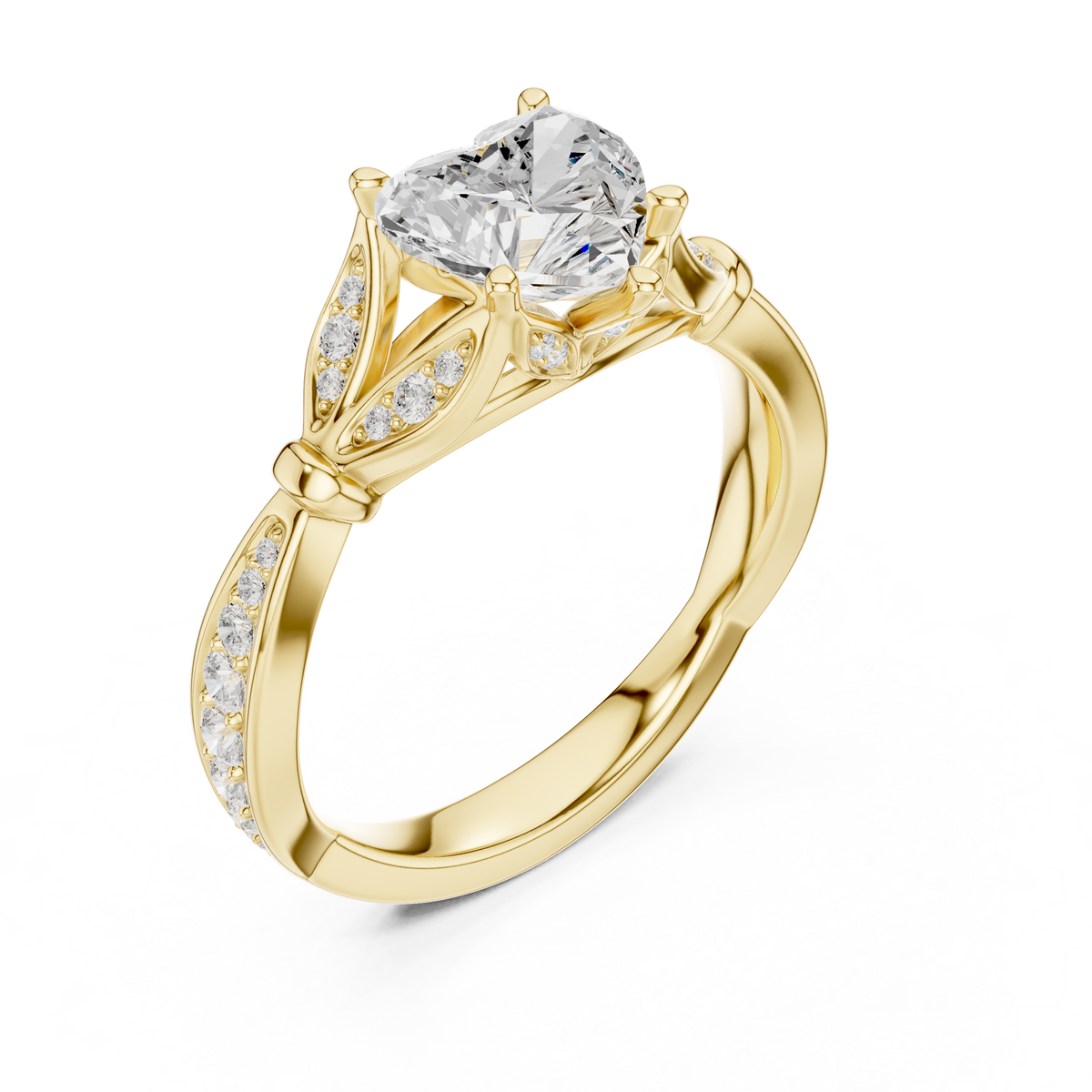 Heart Cut Diamond Engagement Ring with Vintage Leaf-Inspired Pavé Band