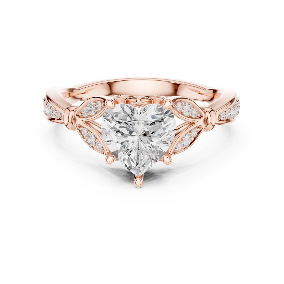 Heart Cut Diamond Engagement Ring with Vintage Leaf-Inspired Pavé Band