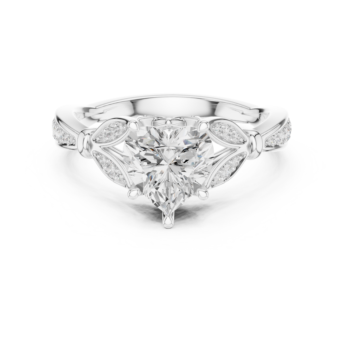 Heart Cut Diamond Engagement Ring with Vintage Leaf-Inspired Pavé Band