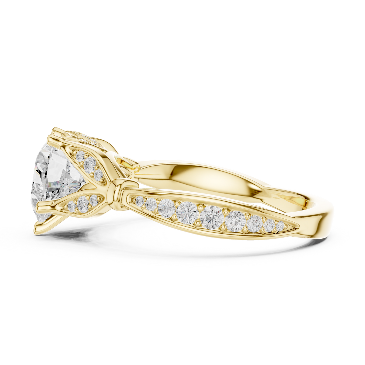 Heart Cut Diamond Engagement Ring with Vintage Leaf-Inspired Pavé Band