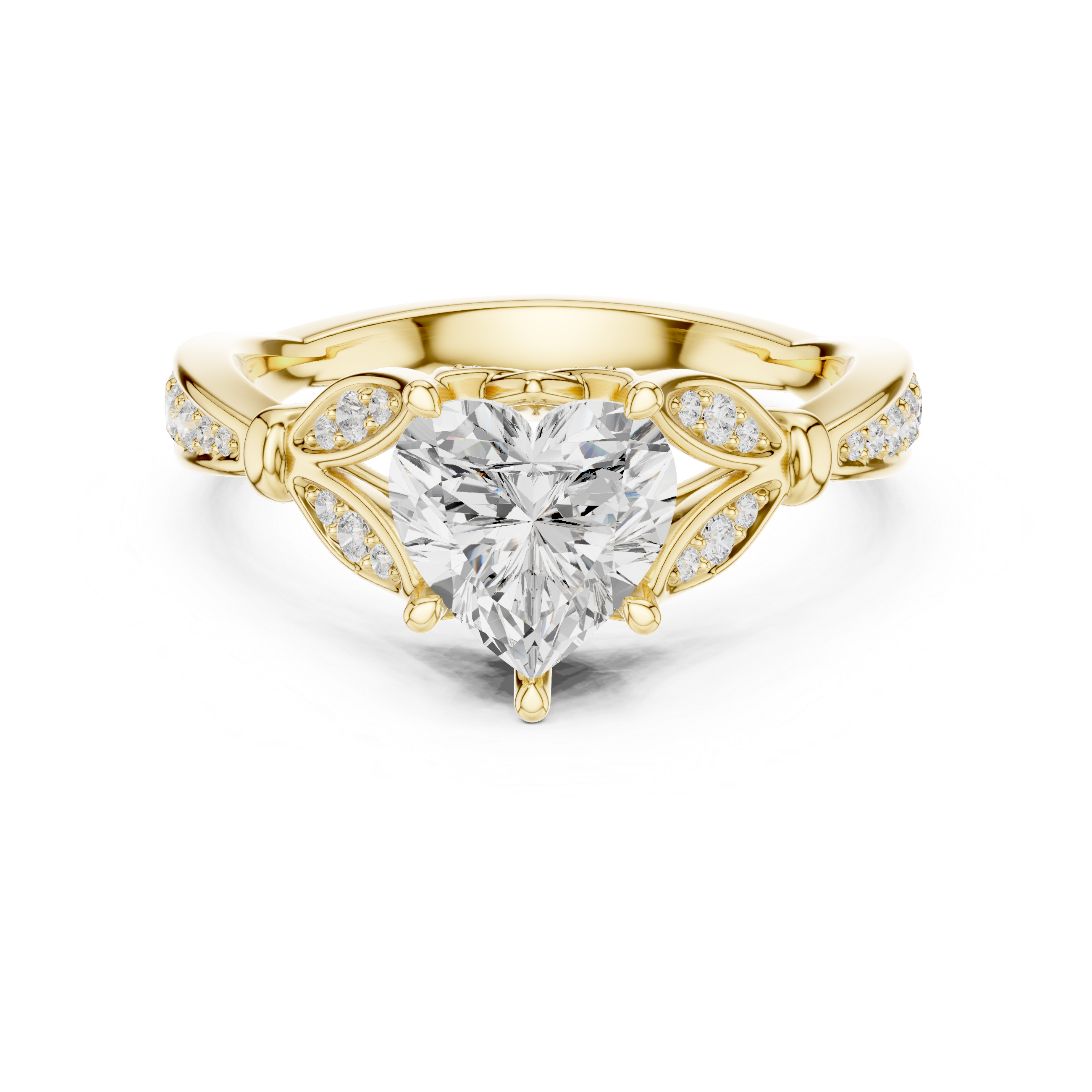Heart Cut Diamond Engagement Ring with Vintage Leaf-Inspired Pavé Band