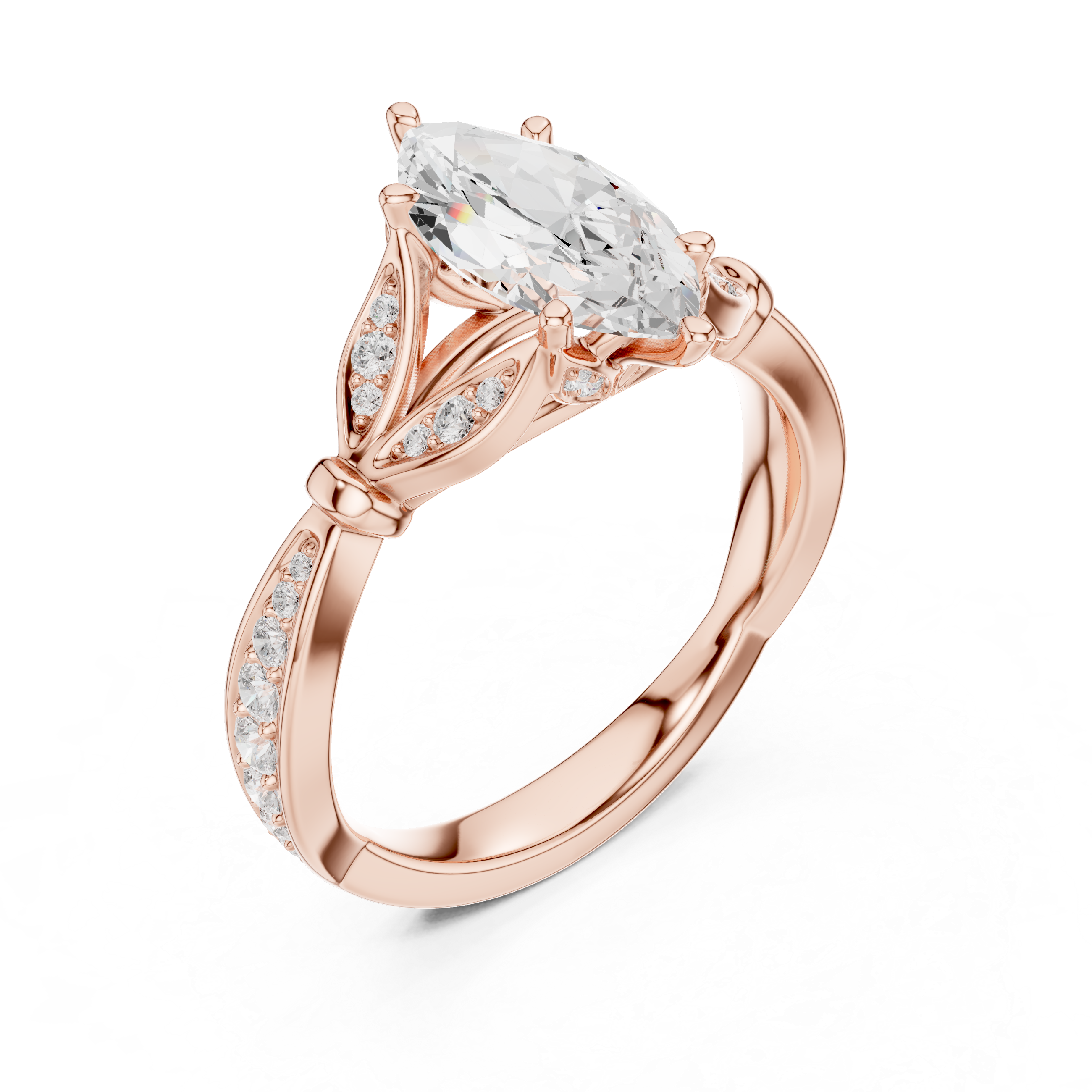 Marquise Cut Diamond Engagement Ring with Vintage Leaf-Inspired Pavé Setting