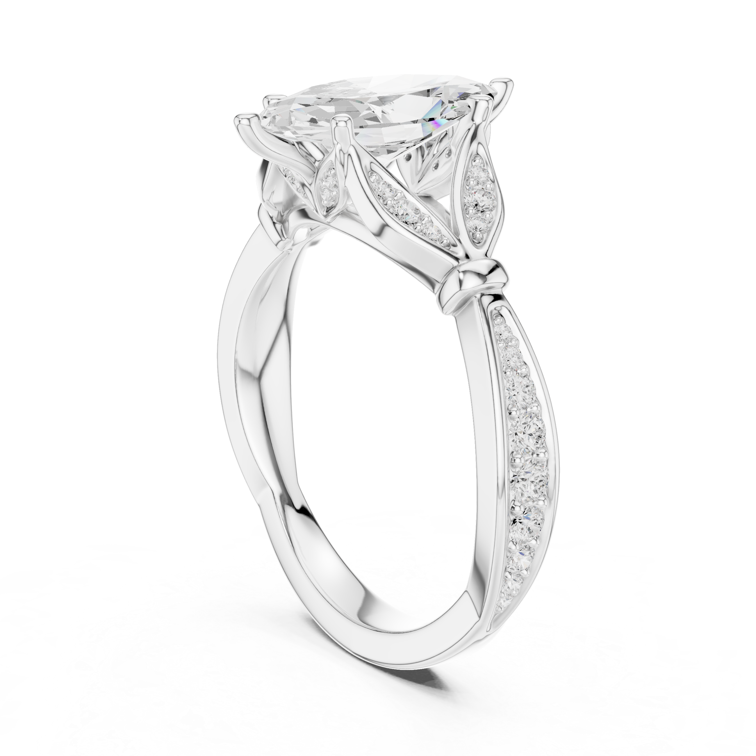 Marquise Cut Diamond Engagement Ring with Vintage Leaf-Inspired Pavé Setting