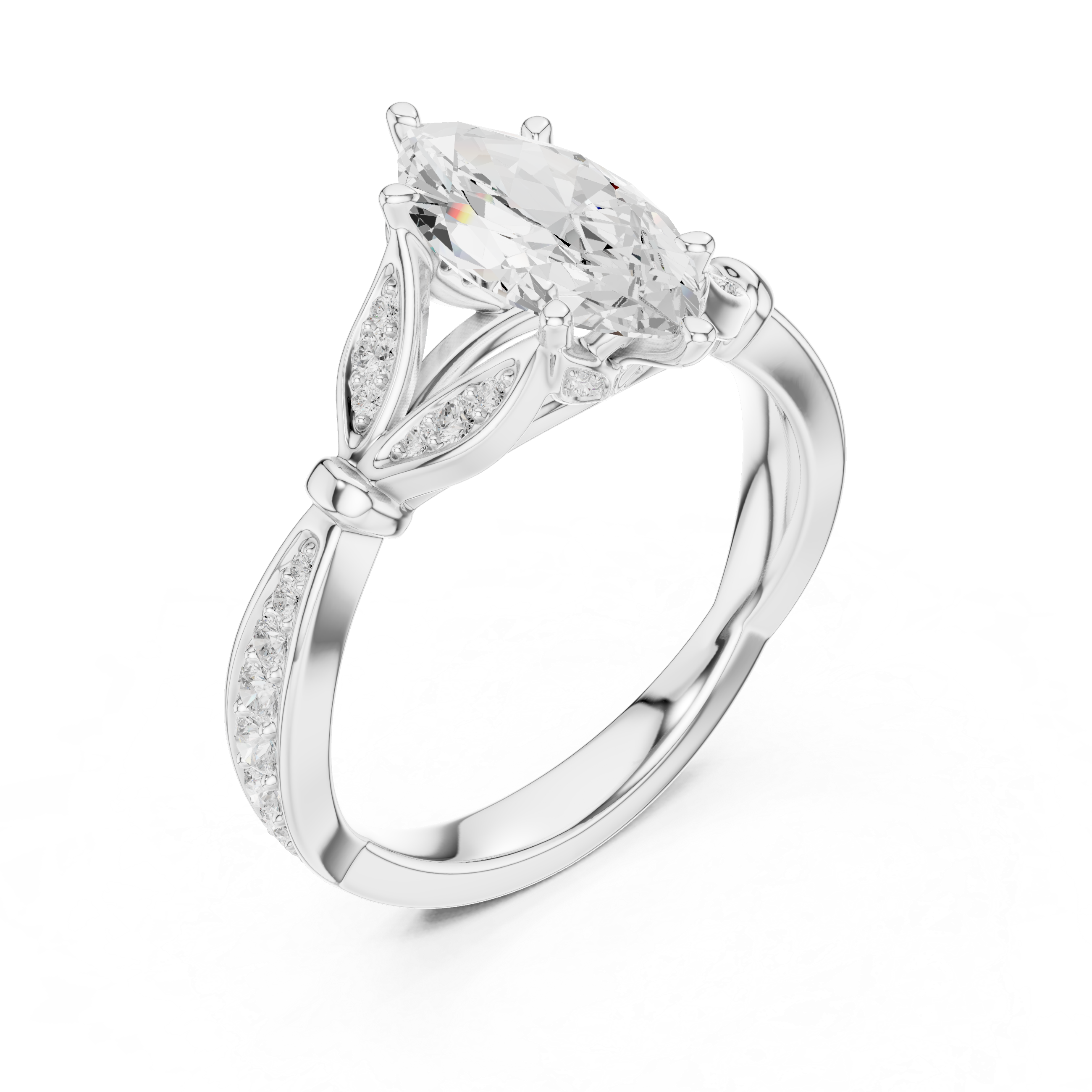 Marquise Cut Diamond Engagement Ring with Vintage Leaf-Inspired Pavé Setting