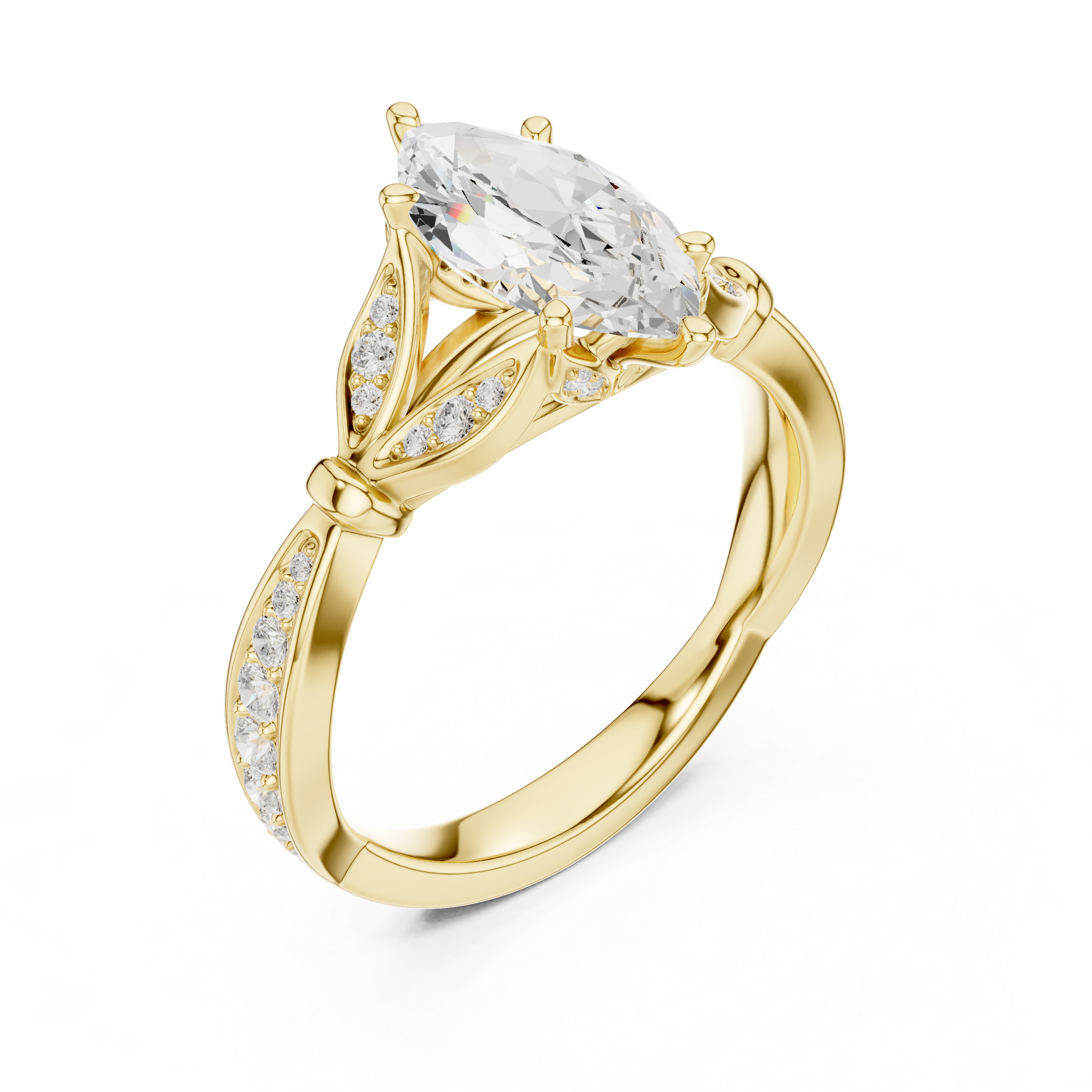 Marquise Cut Diamond Engagement Ring with Vintage Leaf-Inspired Pavé Setting