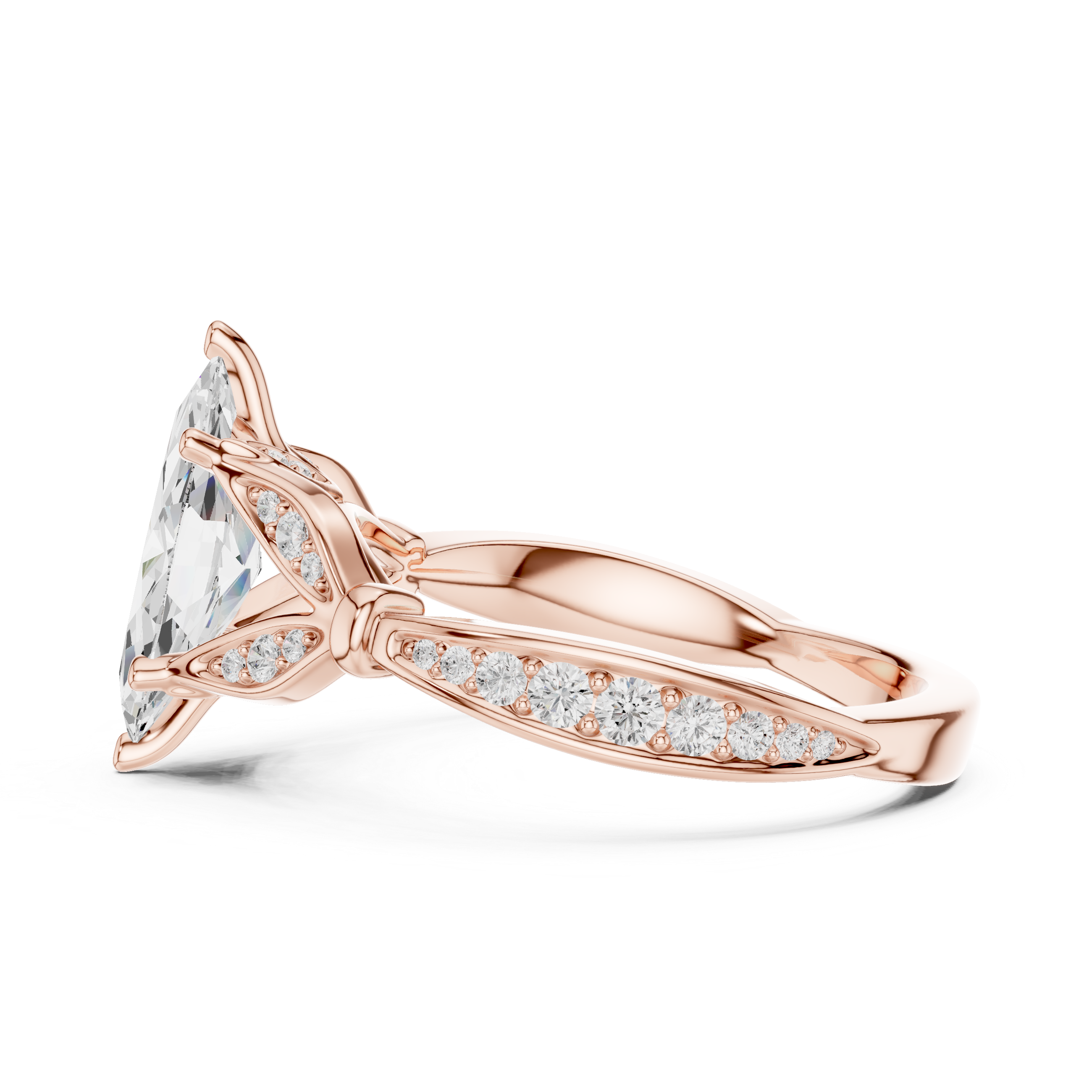 Marquise Cut Diamond Engagement Ring with Vintage Leaf-Inspired Pavé Setting