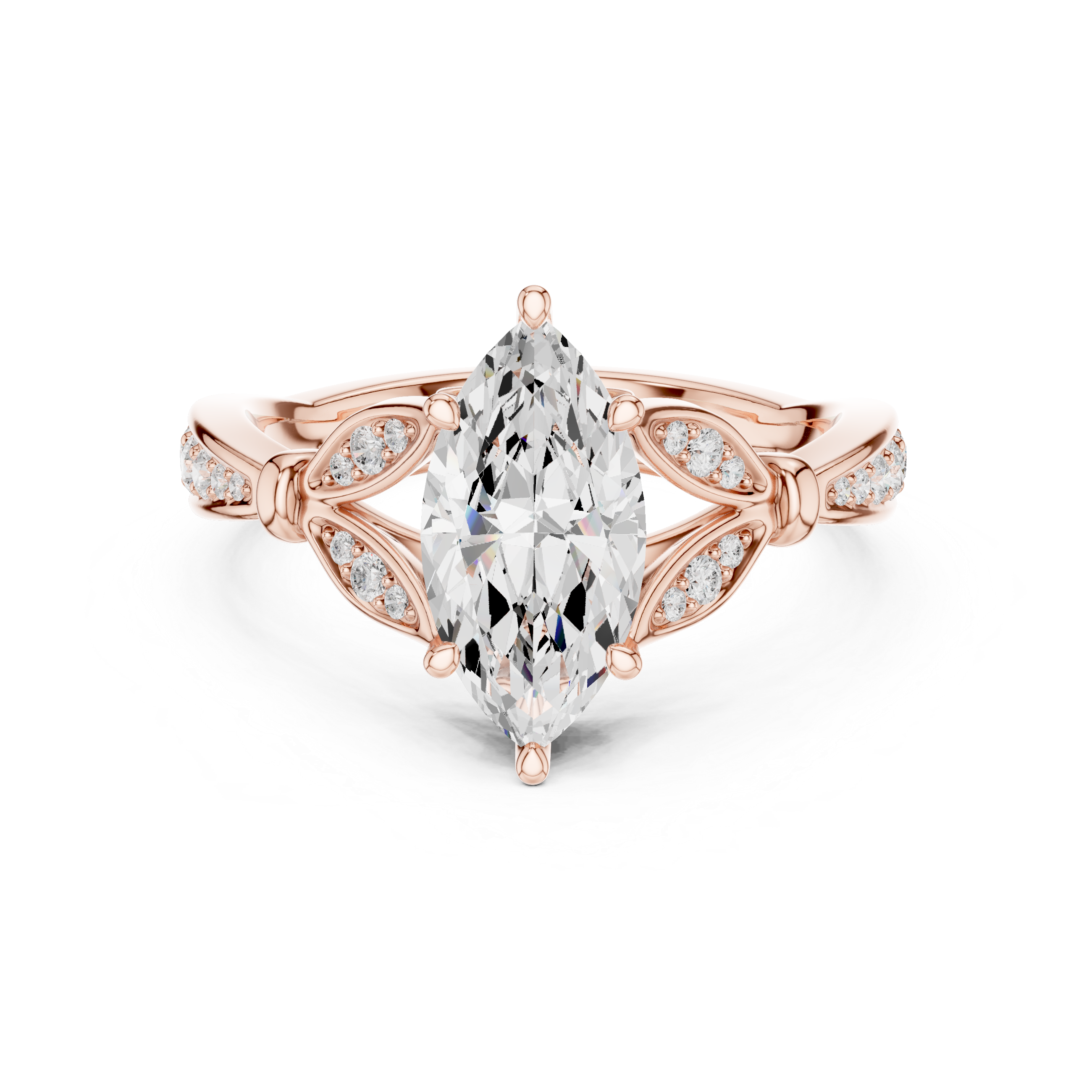 Marquise Cut Diamond Engagement Ring with Vintage Leaf-Inspired Pavé Setting
