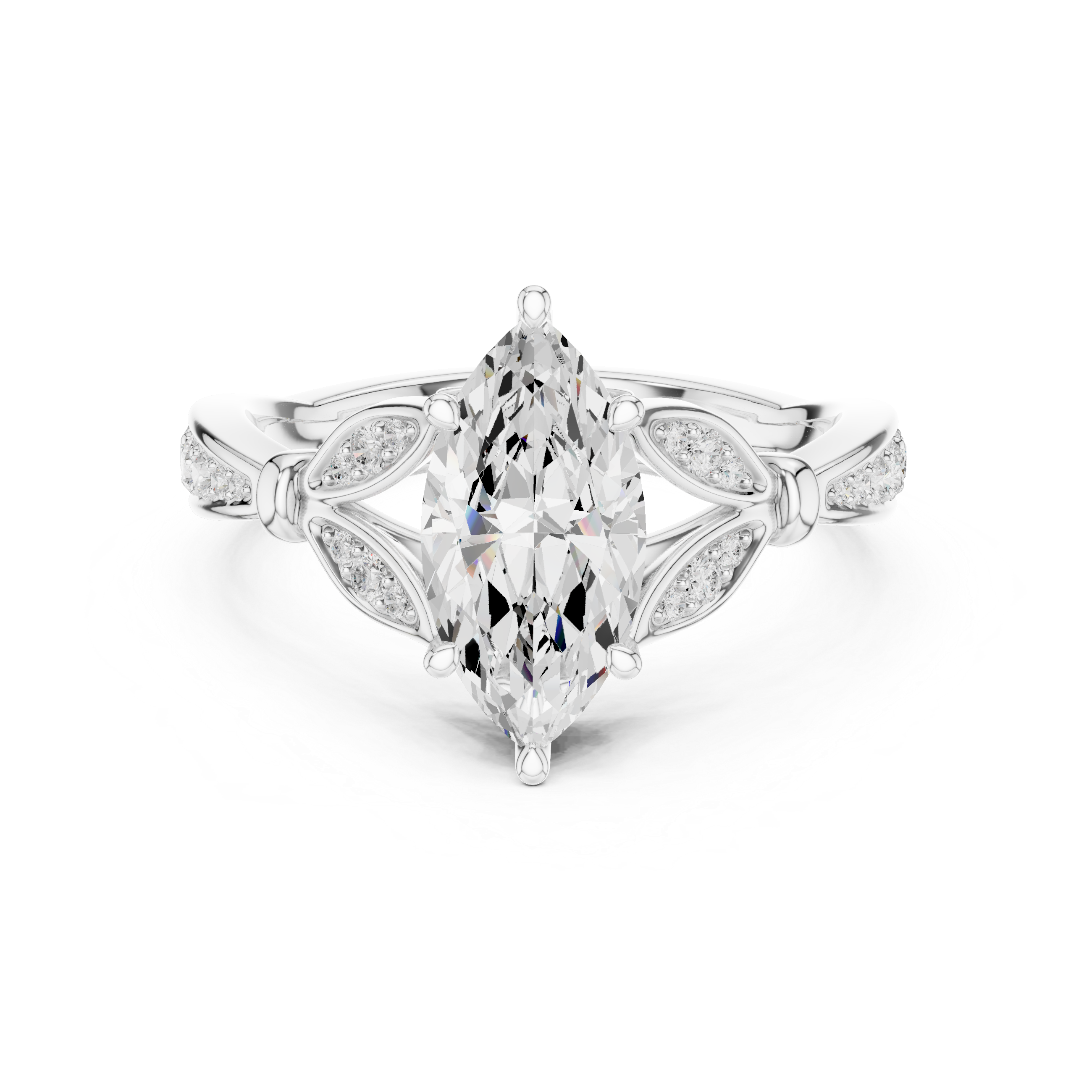 Marquise Cut Diamond Engagement Ring with Vintage Leaf-Inspired Pavé Setting