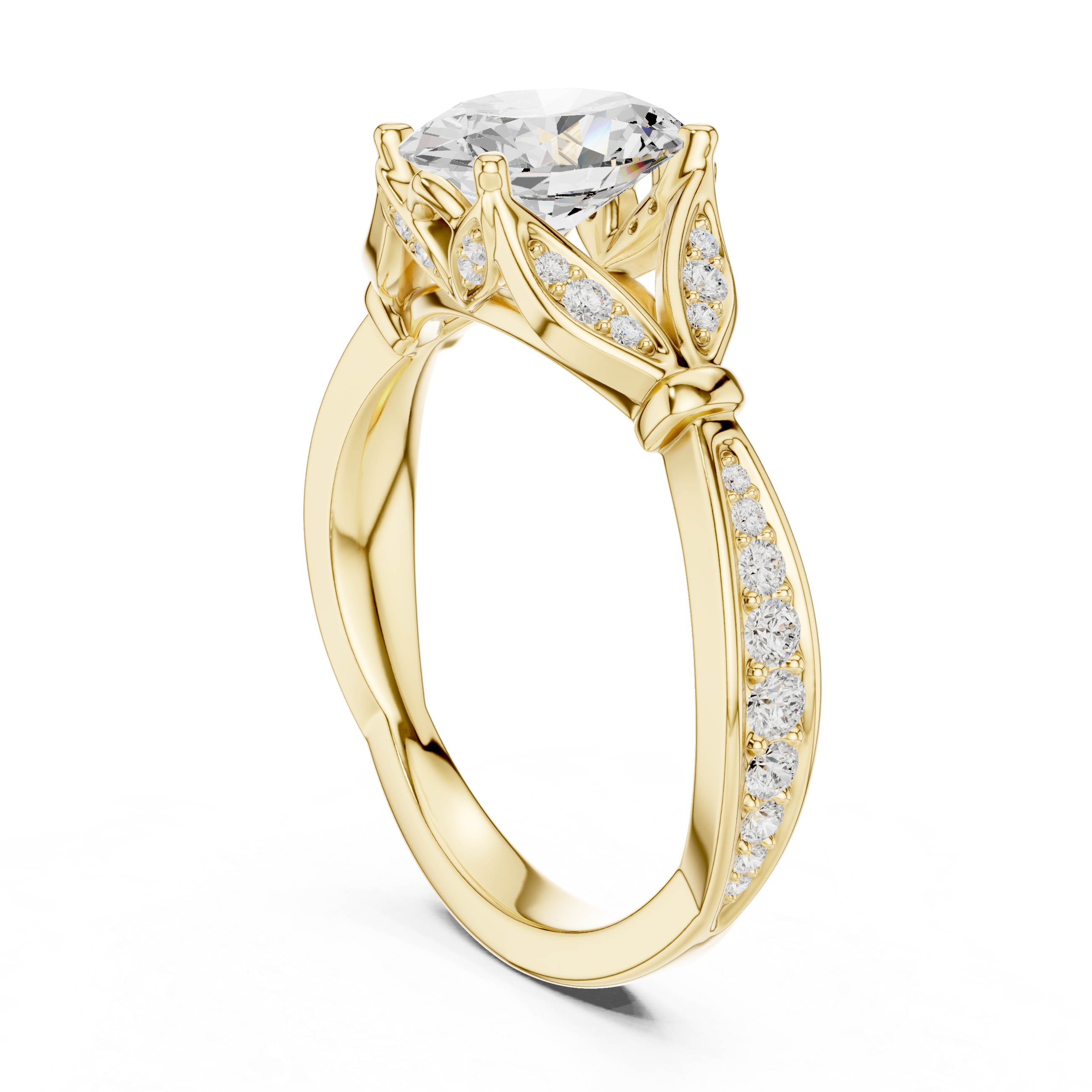 Oval Cut Diamond Engagement Ring with Vintage-Inspired Leaf Pavé Setting