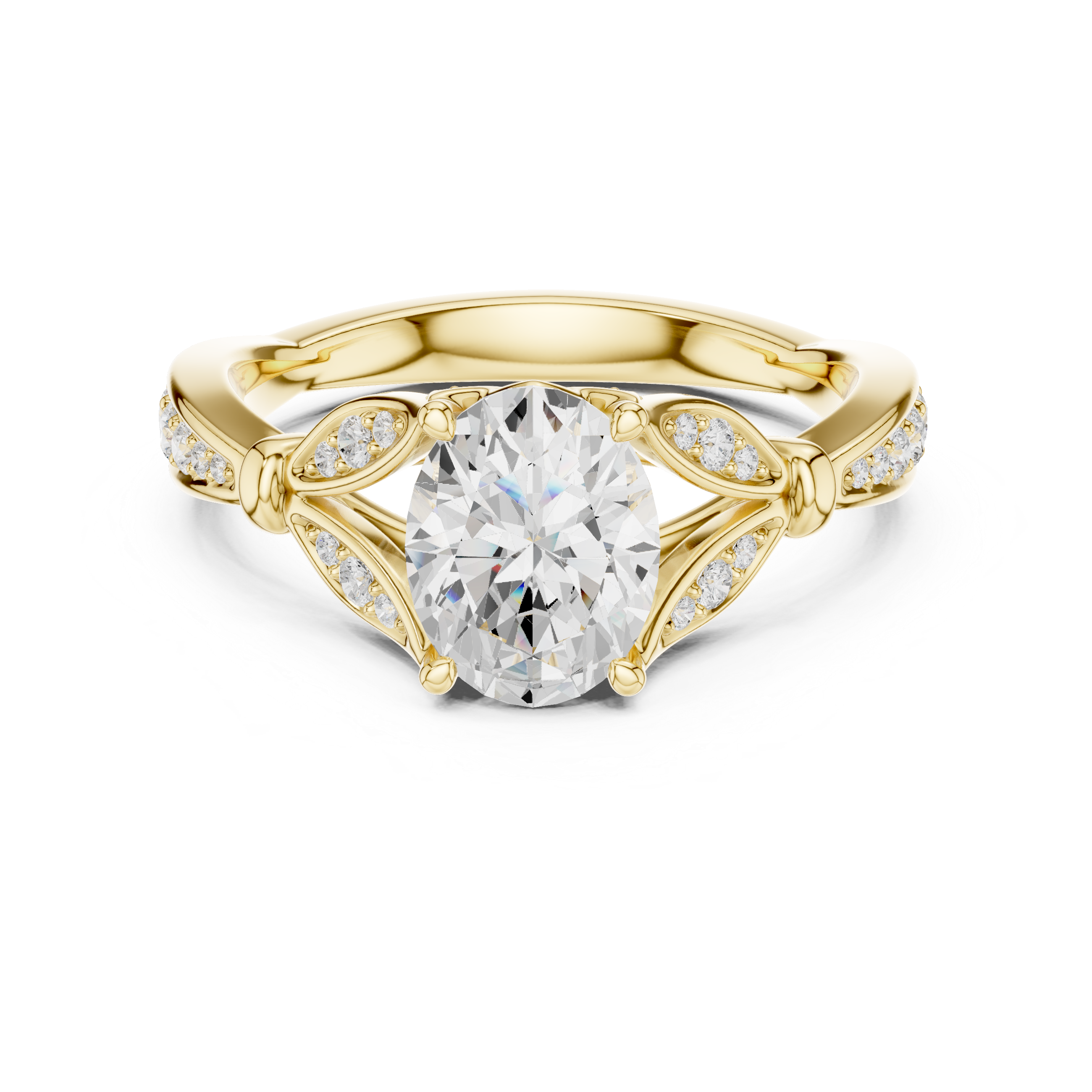 Oval Cut Diamond Engagement Ring with Vintage-Inspired Leaf Pavé Setting