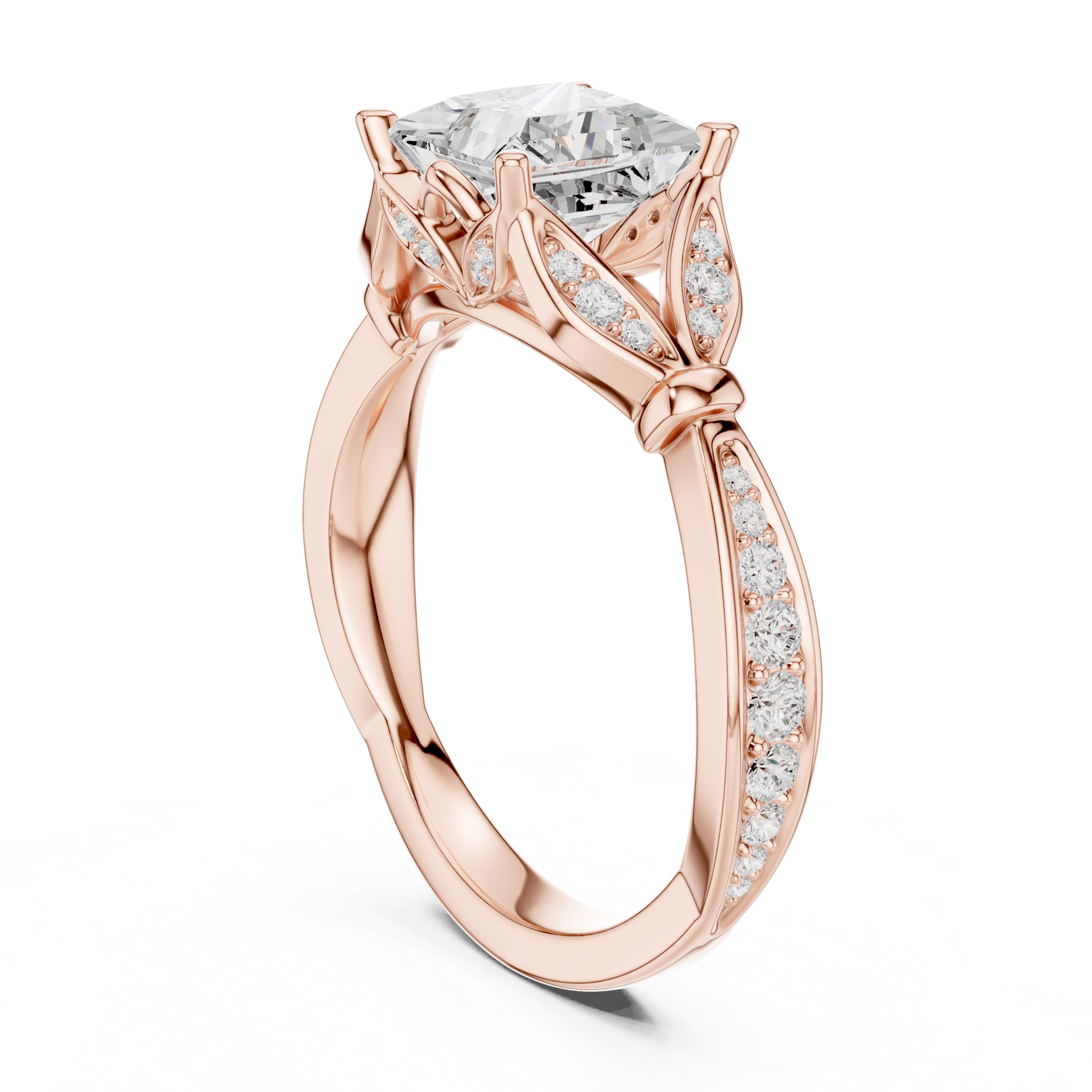 Princess Cut Diamond Engagement Ring with Nature-Inspired Pavé Leaf Setting