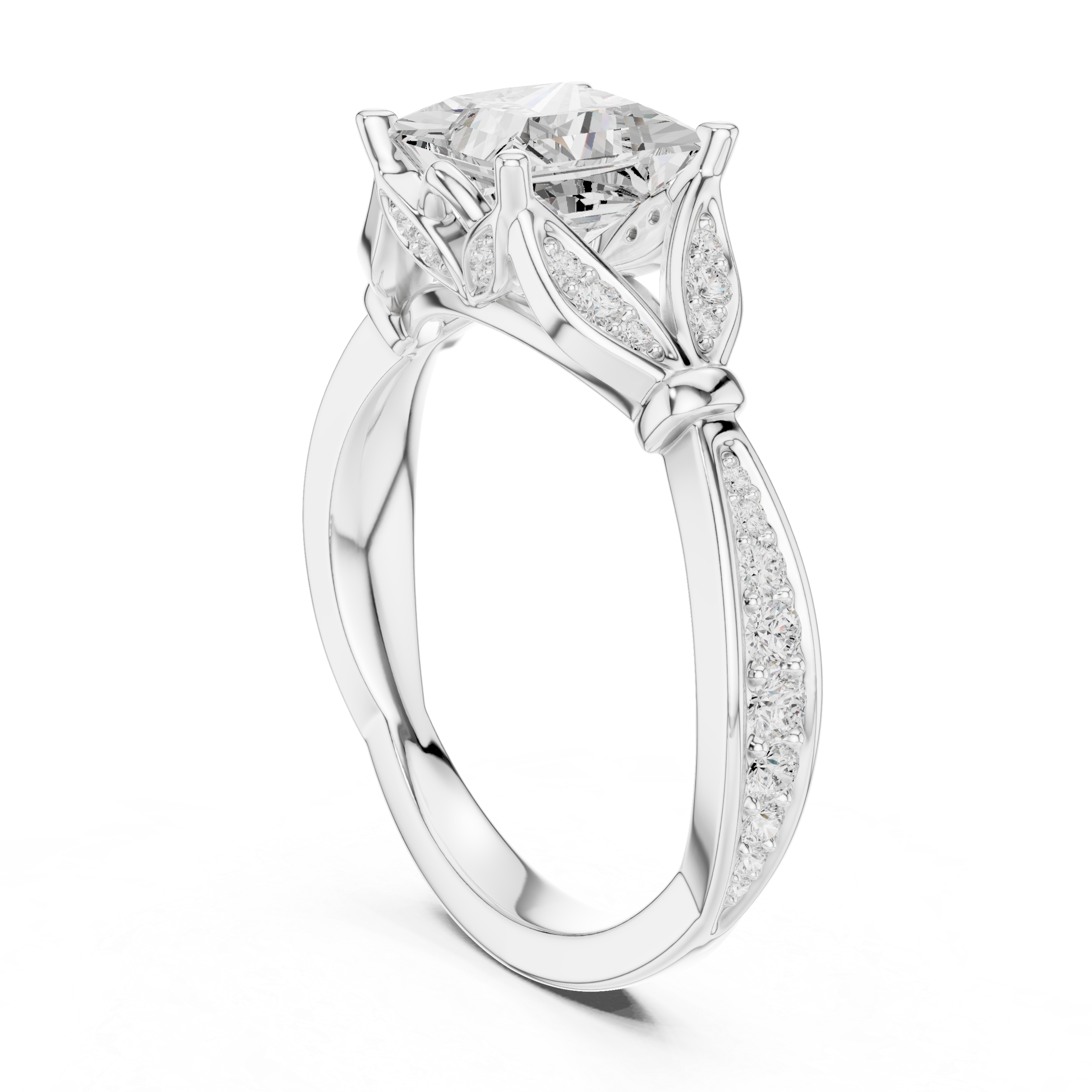 Princess Cut Diamond Engagement Ring with Nature-Inspired Pavé Leaf Setting