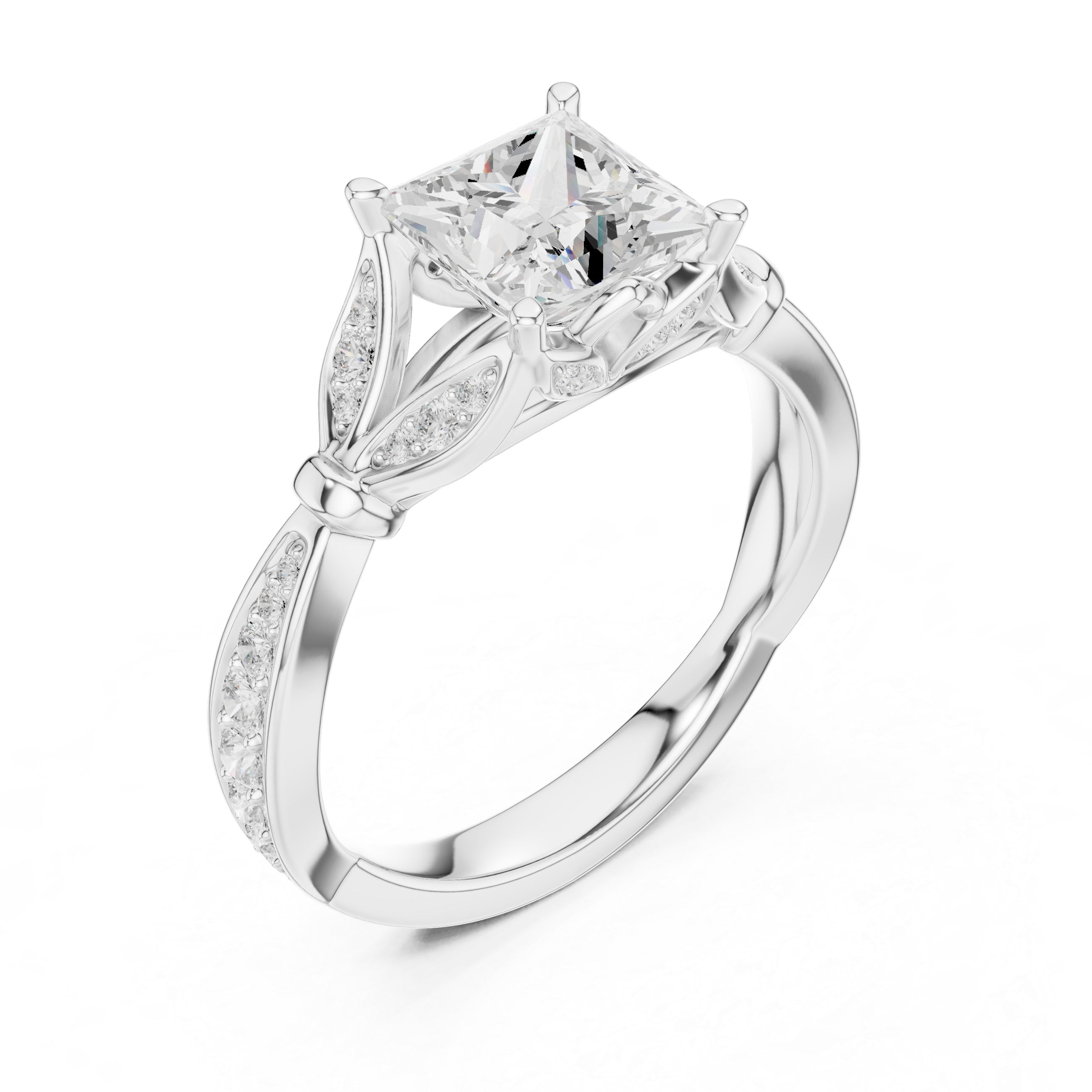 Princess Cut Diamond Engagement Ring with Nature-Inspired Pavé Leaf Setting