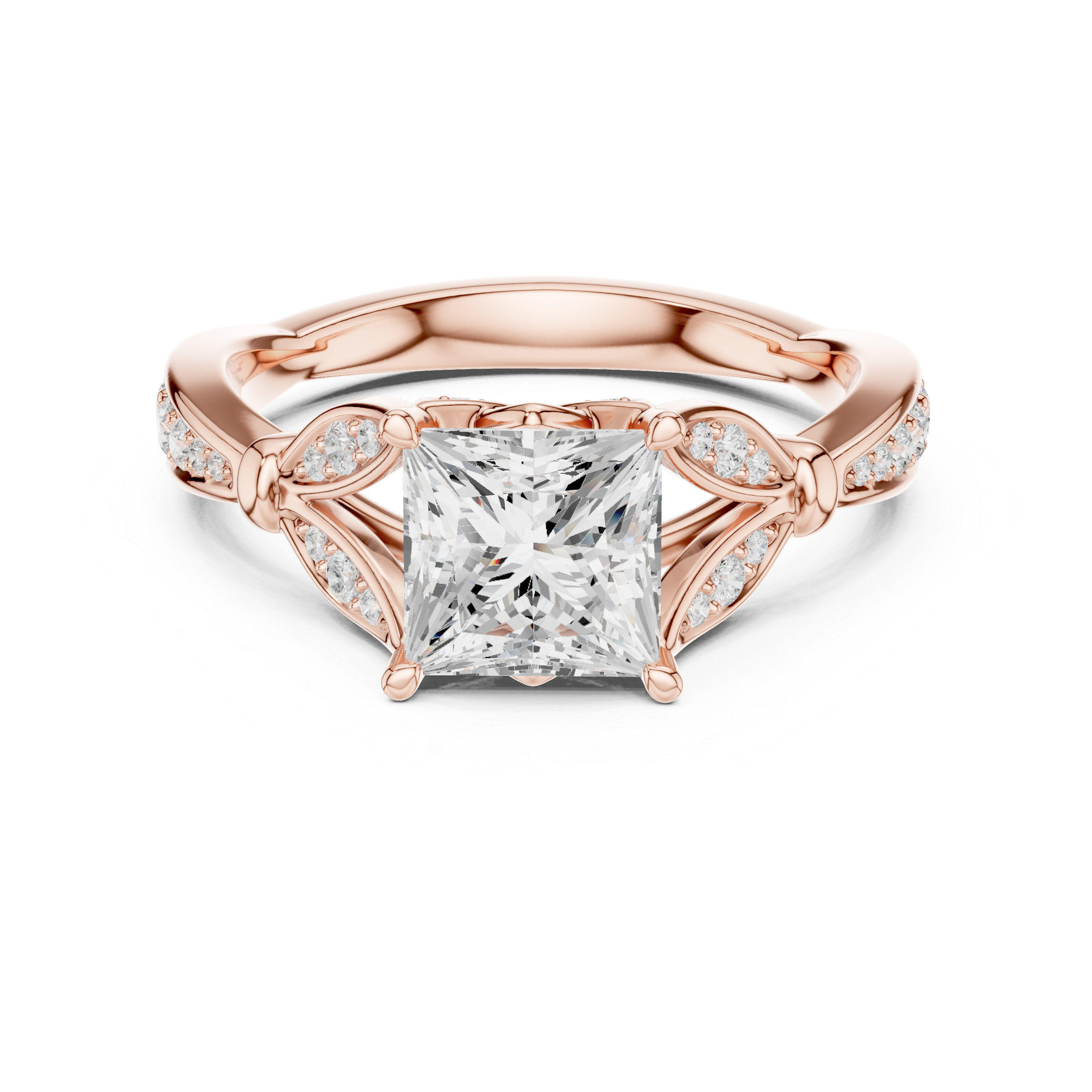 Princess Cut Diamond Engagement Ring with Nature-Inspired Pavé Leaf Setting