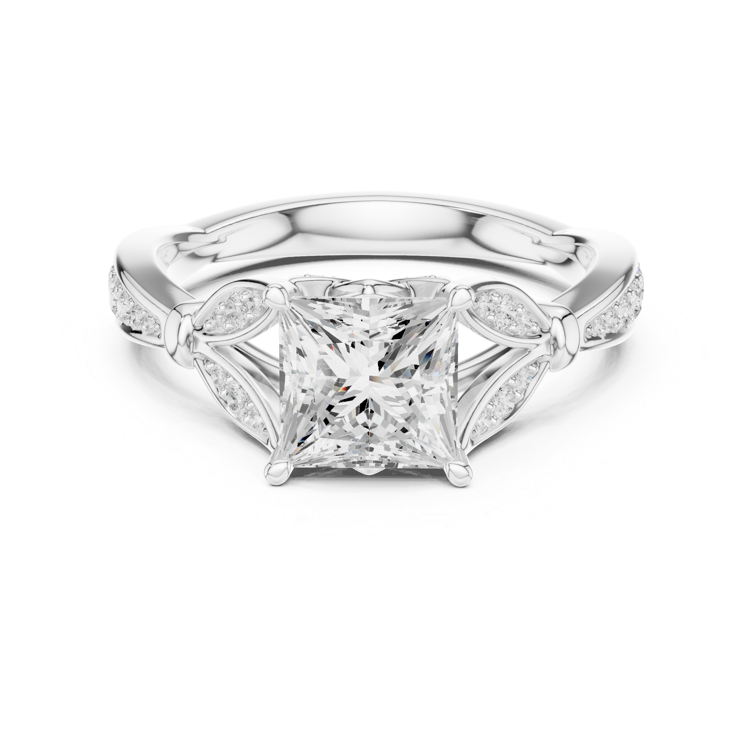 Princess Cut Diamond Engagement Ring with Nature-Inspired Pavé Leaf Setting