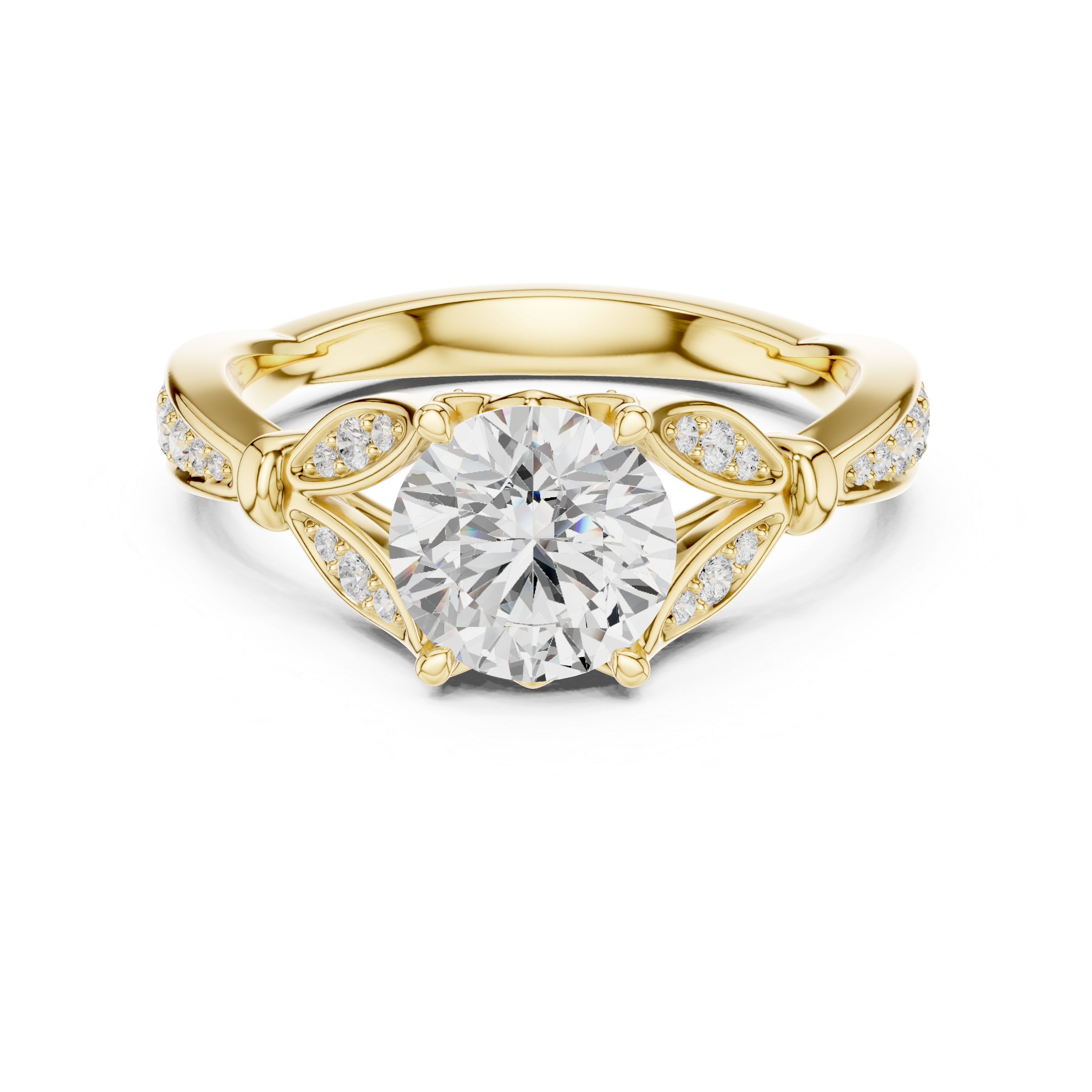 Nature-Inspired Round Diamond Engagement Ring with Leaf Pavé Accents