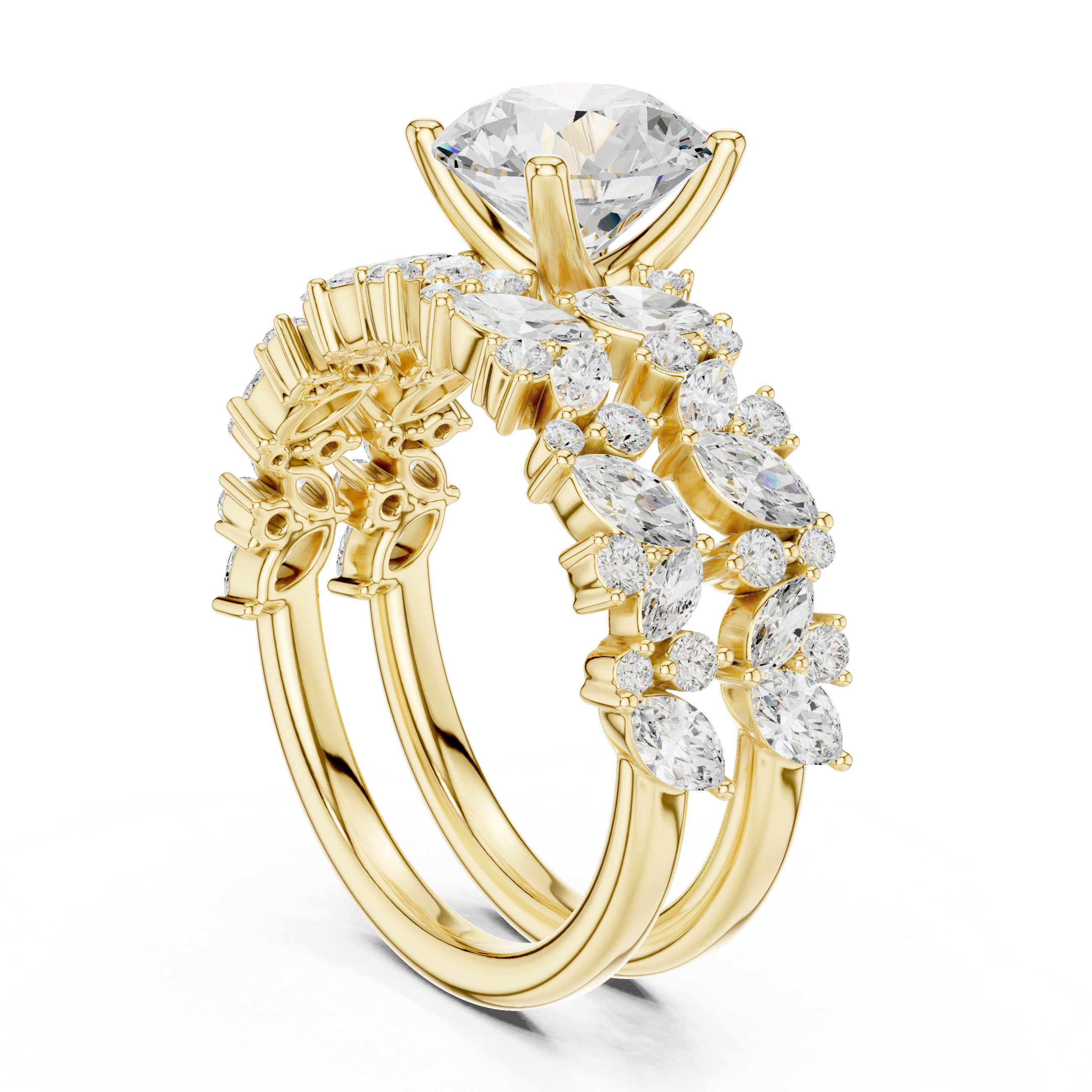 Round Brilliant Diamond Bridal Ring Set with Marquise Accent Bands