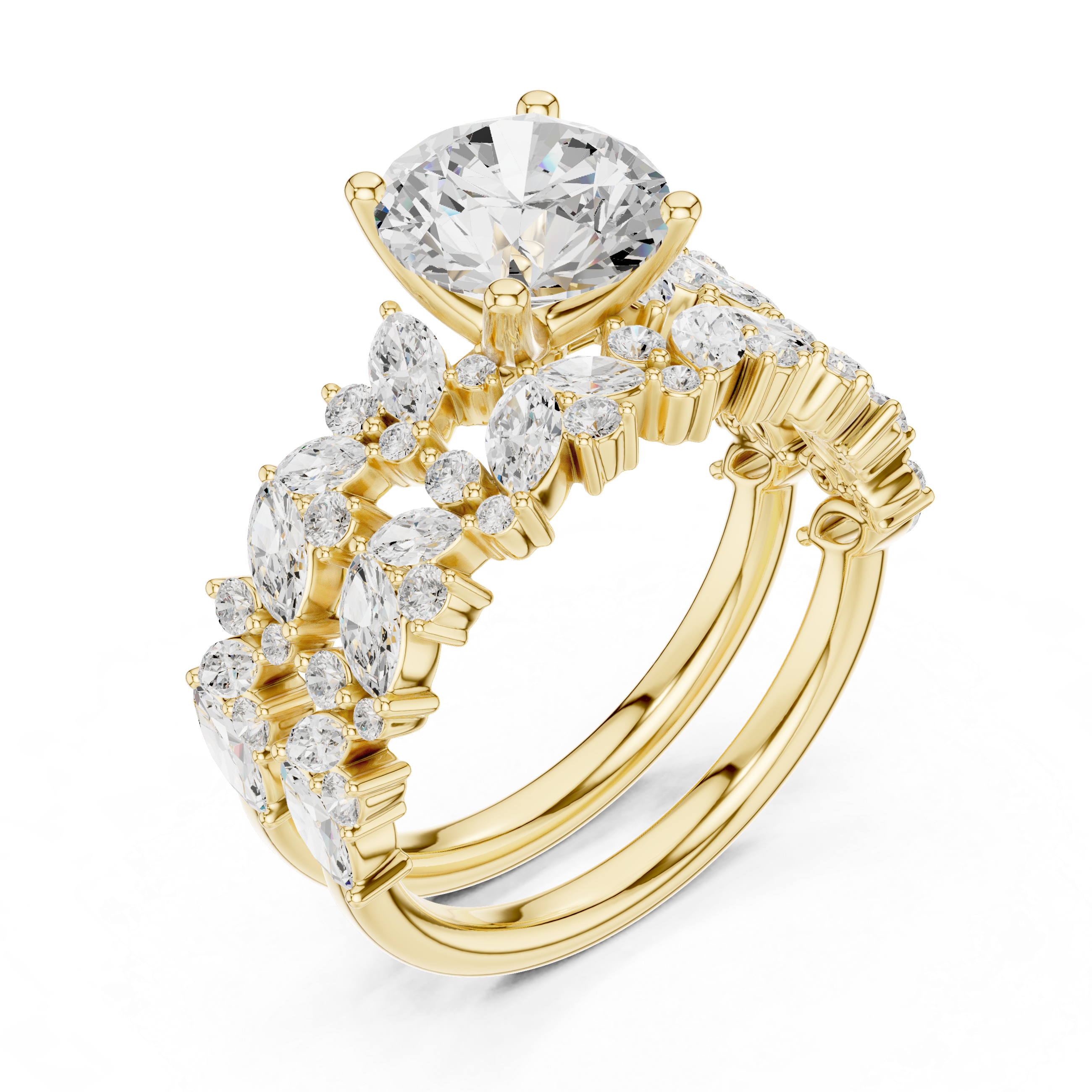 Round Brilliant Diamond Bridal Ring Set with Marquise Accent Bands