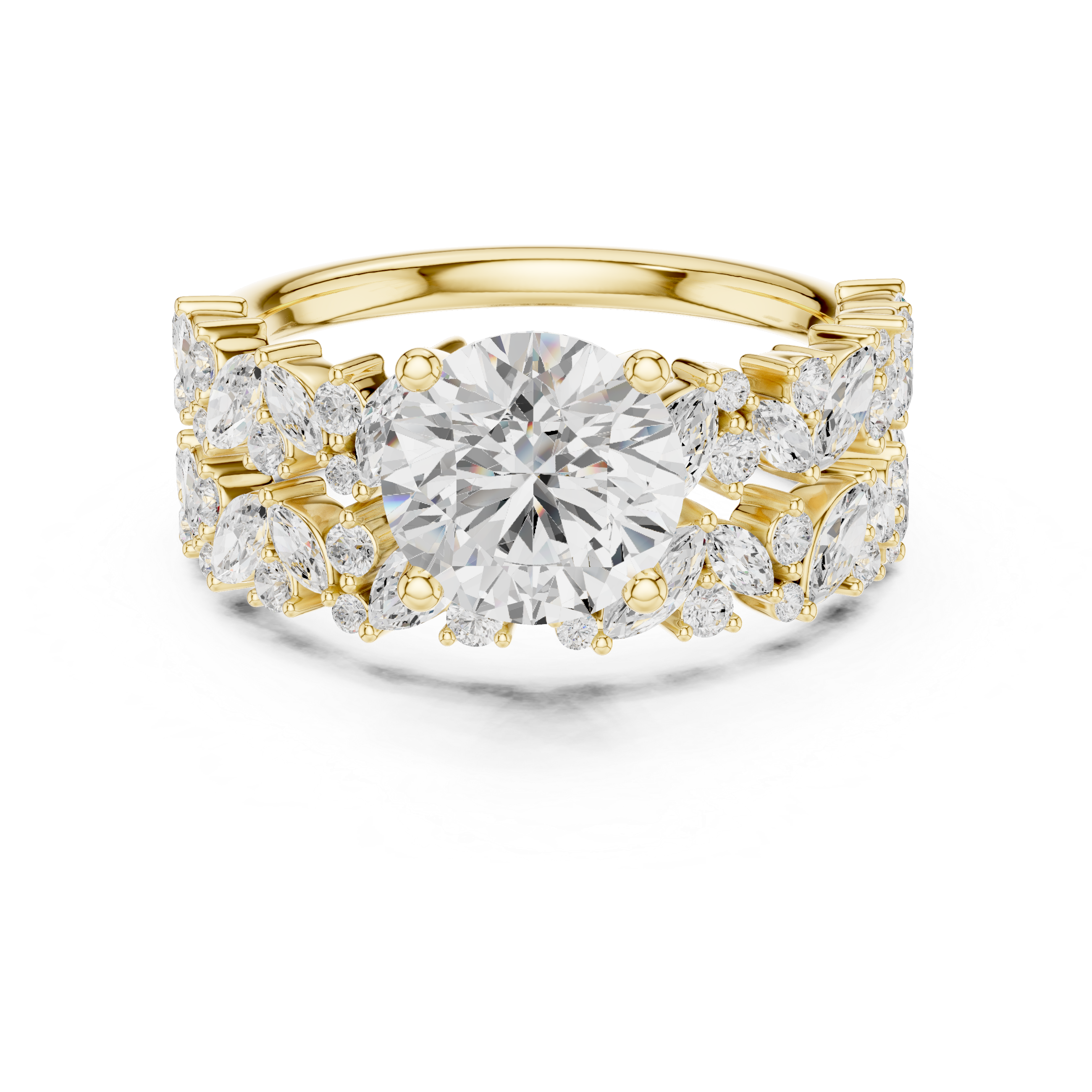 Round Brilliant Diamond Bridal Ring Set with Marquise Accent Bands