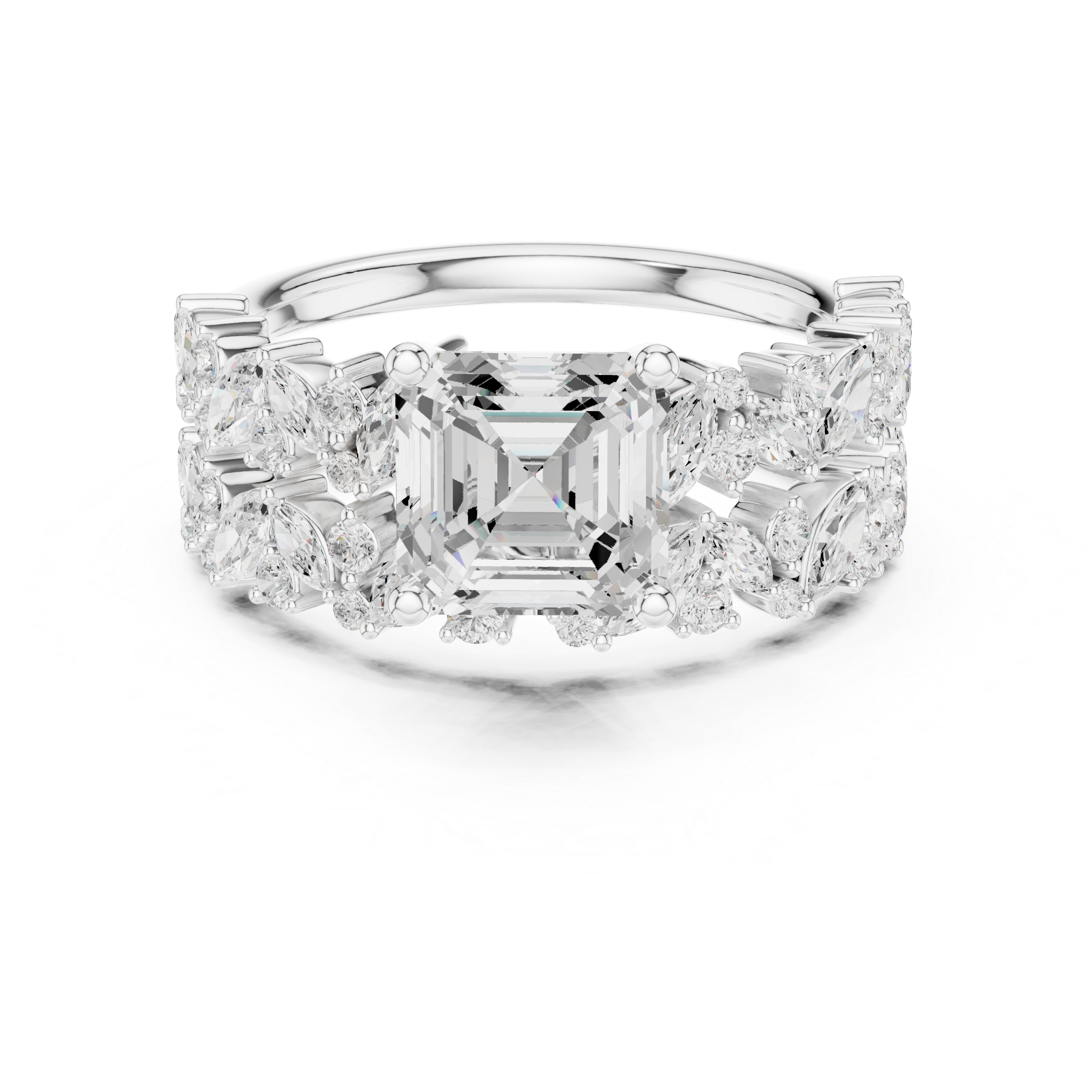 Emerald Cut Diamond Bridal Ring Set with Marquise Accent Bands