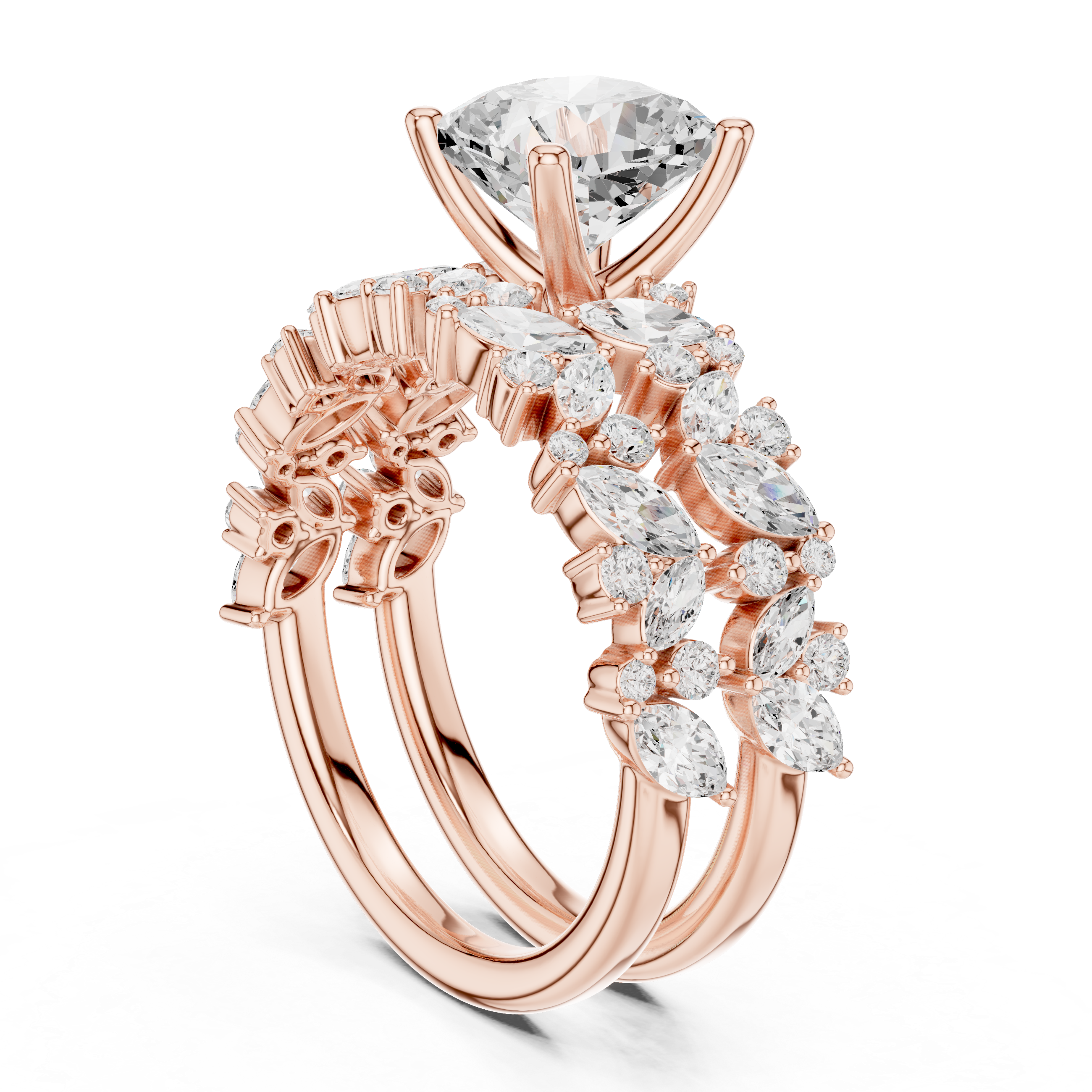 Cushion Cut Diamond Bridal Ring Set with Marquise Accent Bands