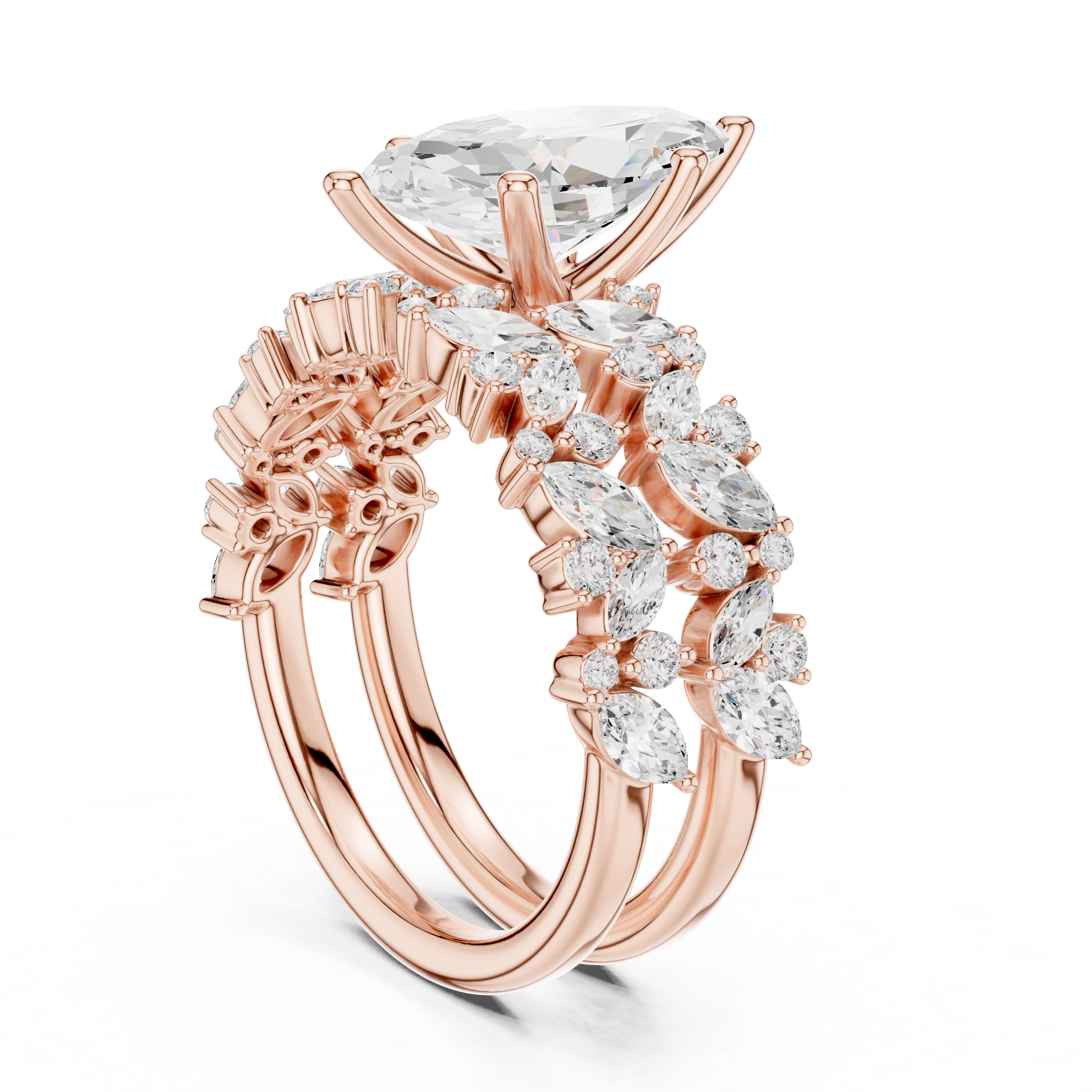 Marquise Cut Diamond Bridal Ring Set with Floral Accent Wedding Bands